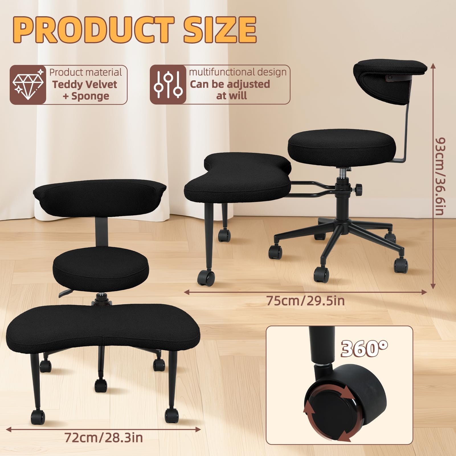 Ergonomischer Kniestuhl mit um 360° drehbarer Fußstütze – Bürostuhl mit gekreuzten Beinen, Lordosenstütze und Einstellbarer Höhe für Zuhause, Yoga und Meditation Schwarz