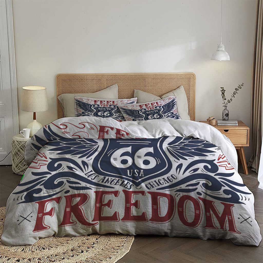 NIBAINLO 布団カバー自由を感じさせるルート66のヴィンテージテーマ レッドネイビー 肌に優しい ピーチスキン加工 掛け布団カバー 和式 洋式 あったか 布団カバーセット リバーシブル ホームステイ ホテル 家庭兼用