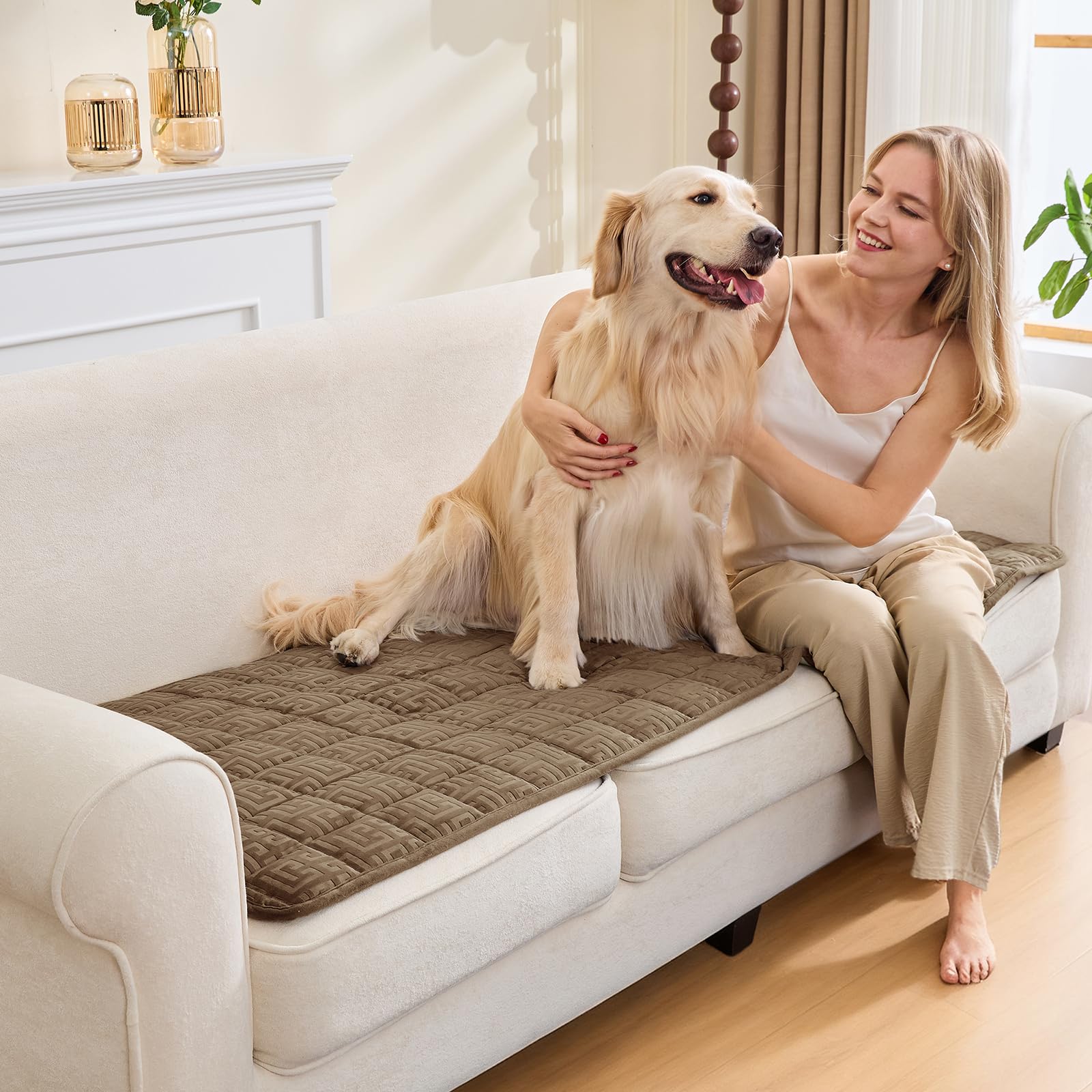 SYLC Sofa Cover Camel Velvet Quilting,Thick Sofa Cover 3 Seater Corner L Shape Settee Non Slip Seat Cushion Covers Protector for Living Room Caravan (Camel,70×180cm / 1 Piece)