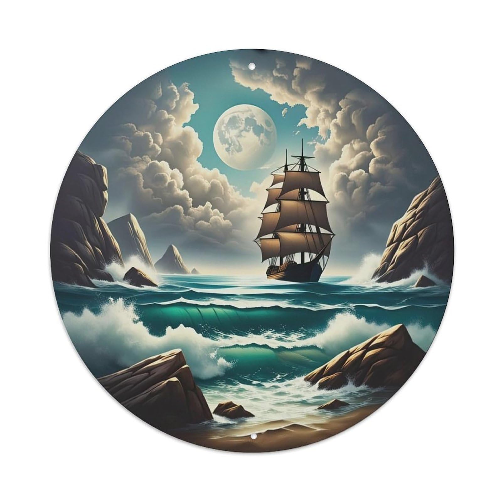 Sailing Ship Moon Sea Rocks Metal Tin Sign