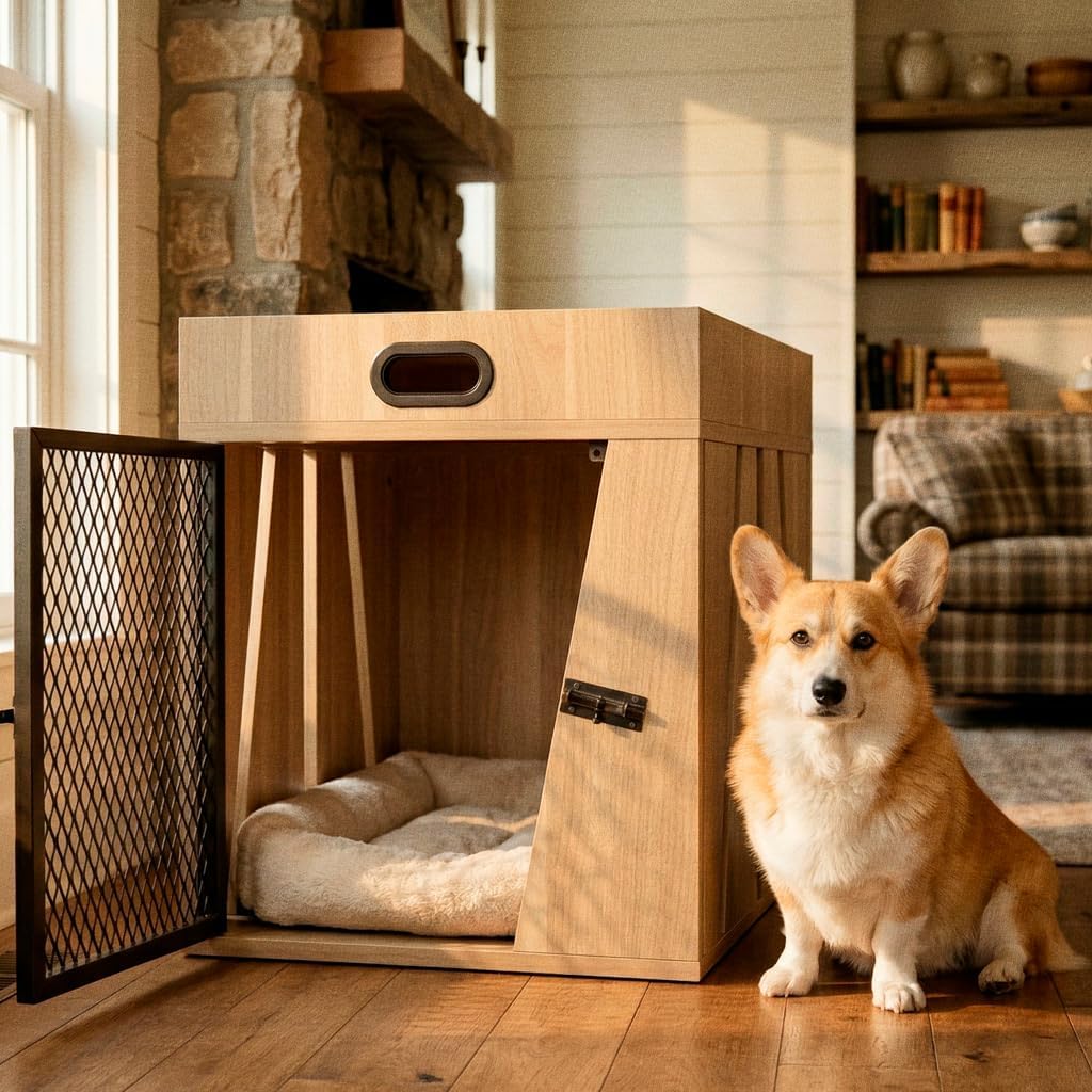 Lucky Kennels Penny Pet Crate, Modern Dog Crate, Designer Cat Crate, Geometric Wooden Pet Crate, Cozy Pet House with Storage Compartment for Leaashes, Treats.(Light Wood/Oak, Small)