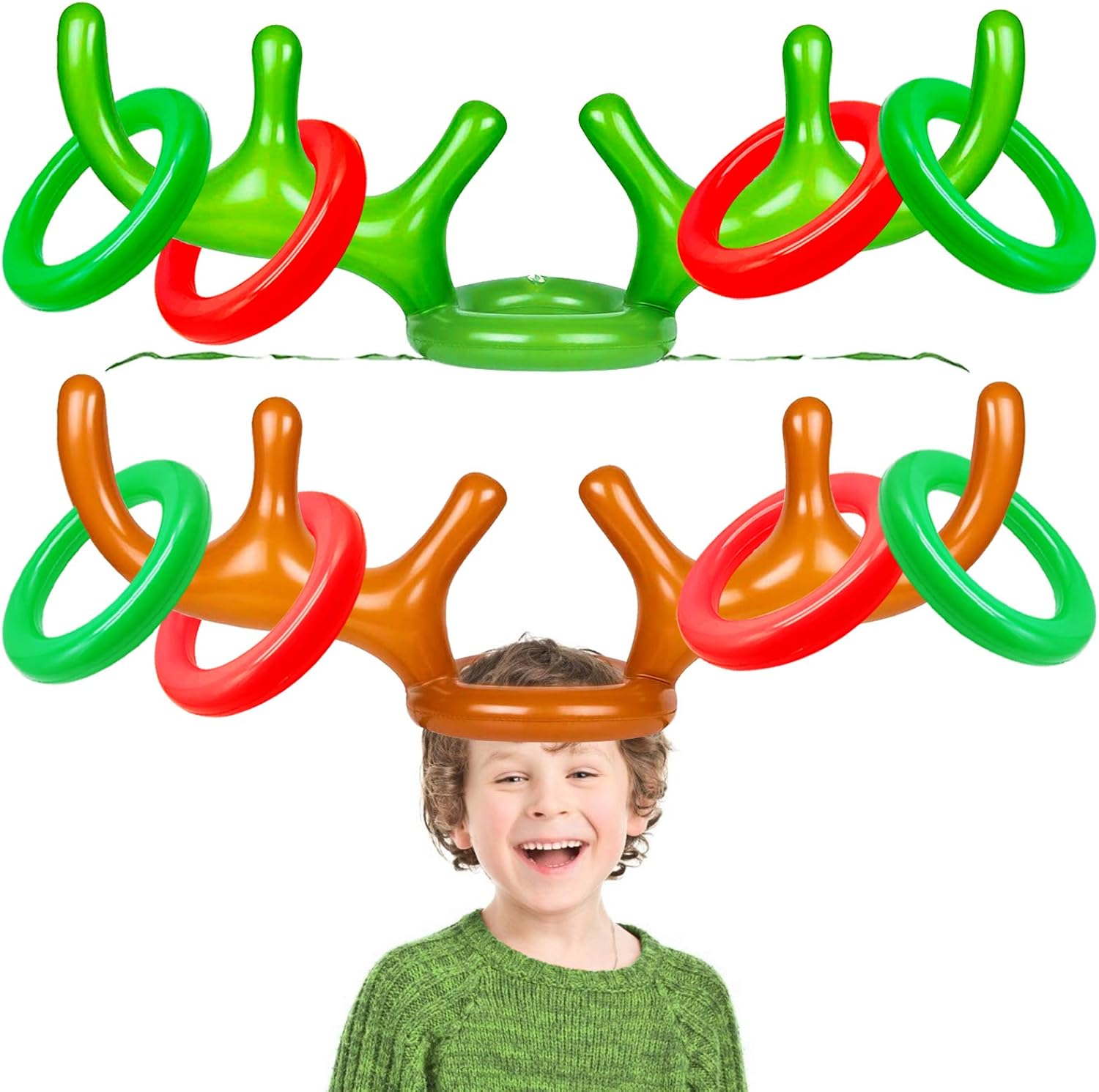 Inflatable Reindeer Antler Ring Toss Game 2 Pack Christmas Party Game Headband Inflatable Toys for Kids Family Christmas Halloween Holiday Party Supplies Carnival Game( 8 Rings, 2 Antlers)