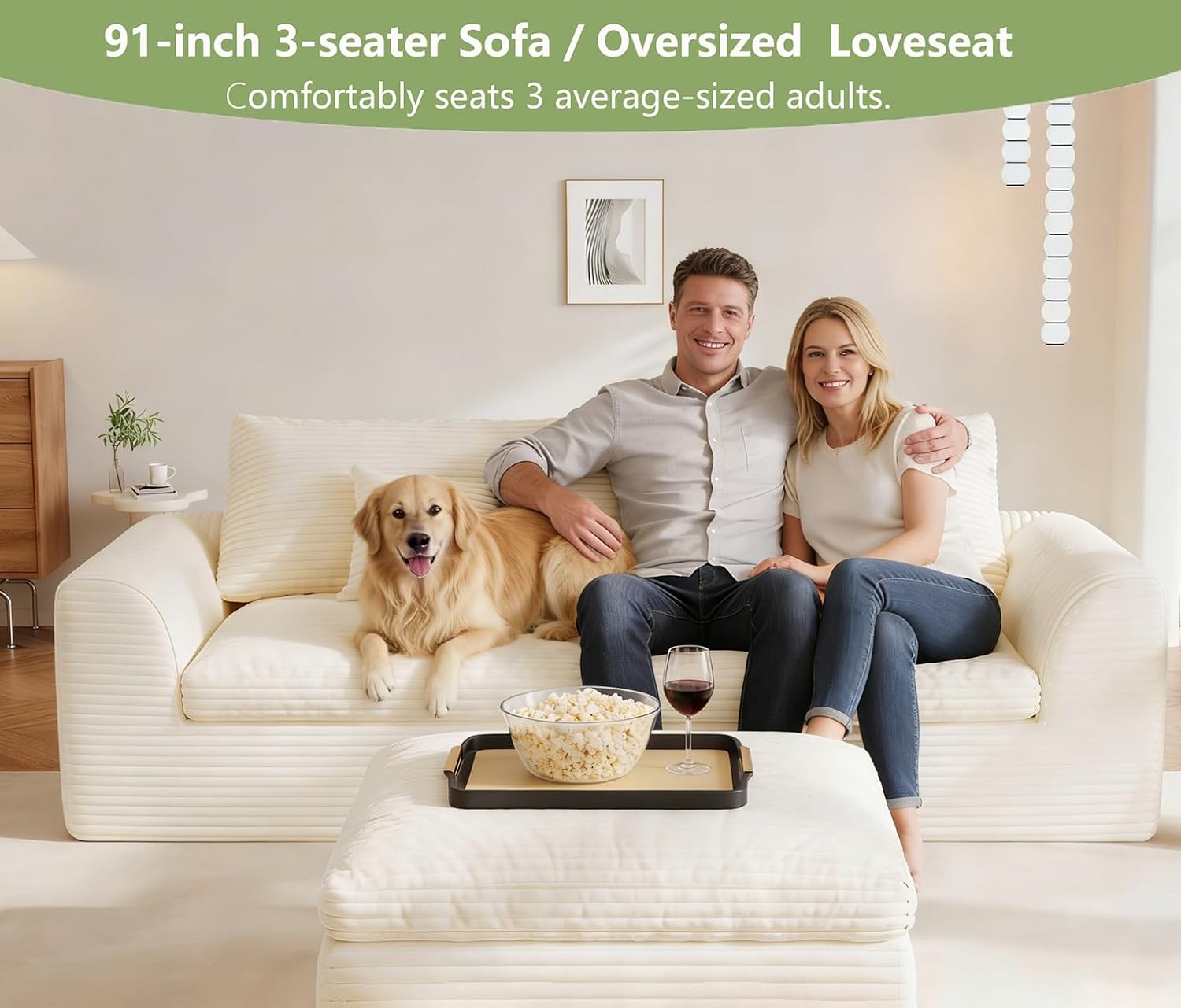Boneless Couch 91“ Cloud Sofa 3-Seater Sectional Couches for Living Room, L-Shape Sofa with Ottoman, Comfy Flannel Fabric Oversized Loveseat Recliner Lounge Chaise with 2 Throw Pillow (Beige)