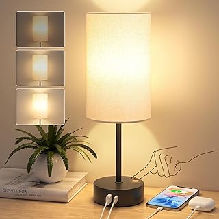 STANBOW Bedside Lamps, Touch Lamp Bedside with USB A+C Charging Ports, 3-Way Dimmable LED, Table Lamp for Living Room Bedroom Gift with Beige Shade-Black Base (LED Bulb Included)