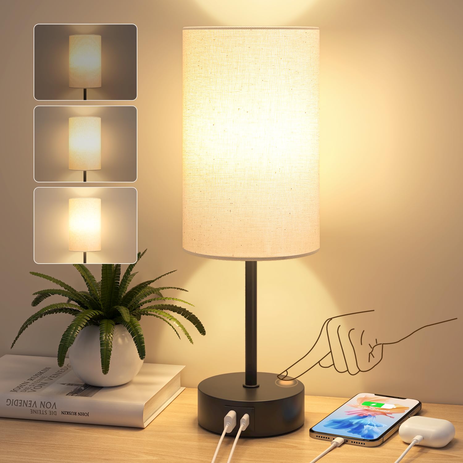 Bedside Lamps Touch Control, 3-Way Dimmable Table Lamp with USB A+C Charging Ports (Black Base-Beige Shade)