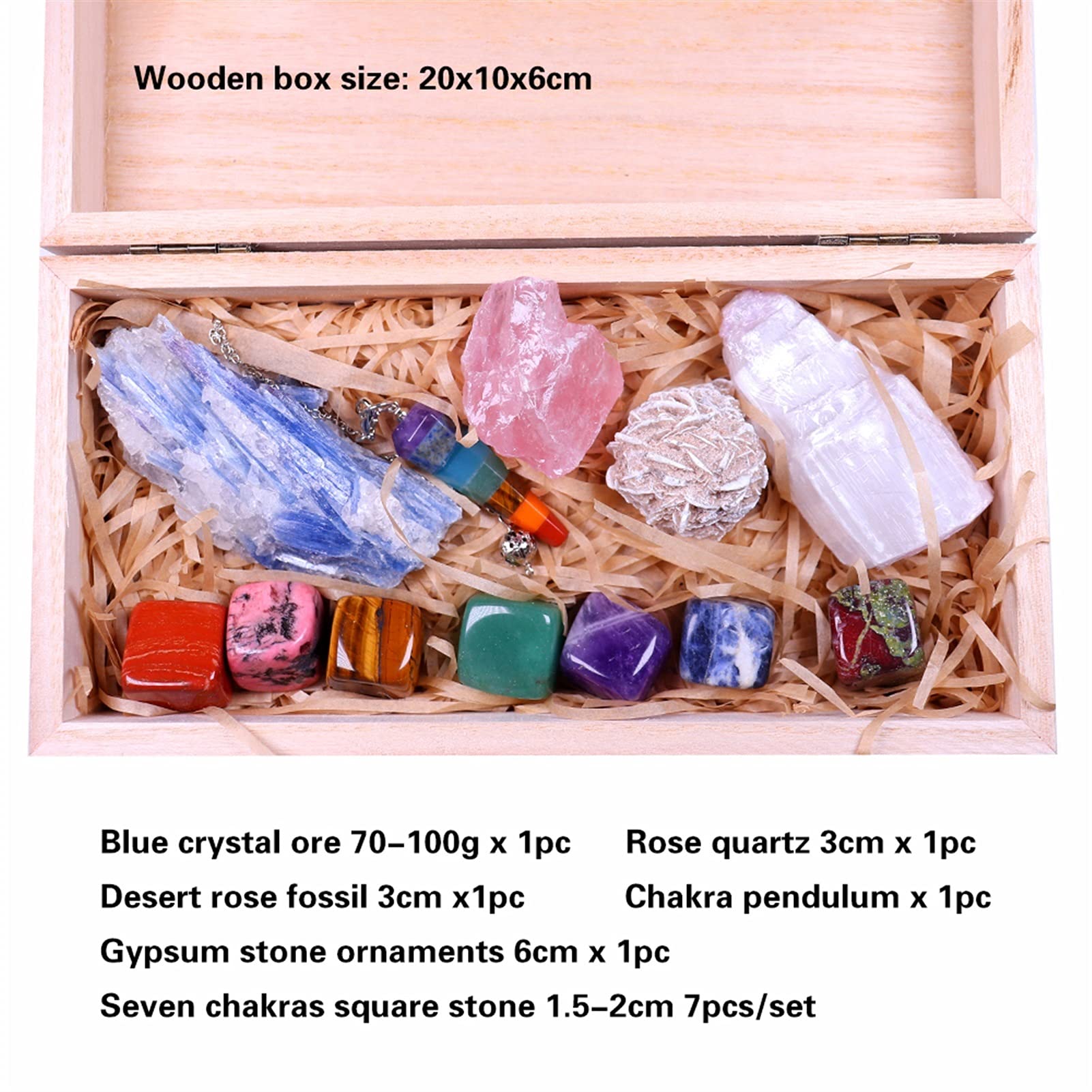 Natürlicher Quarz Chakren Fossen Block Kies Geschenk Holzkiste Kristall Pendel Meditation Edelstein (Color : Multi Colored)
