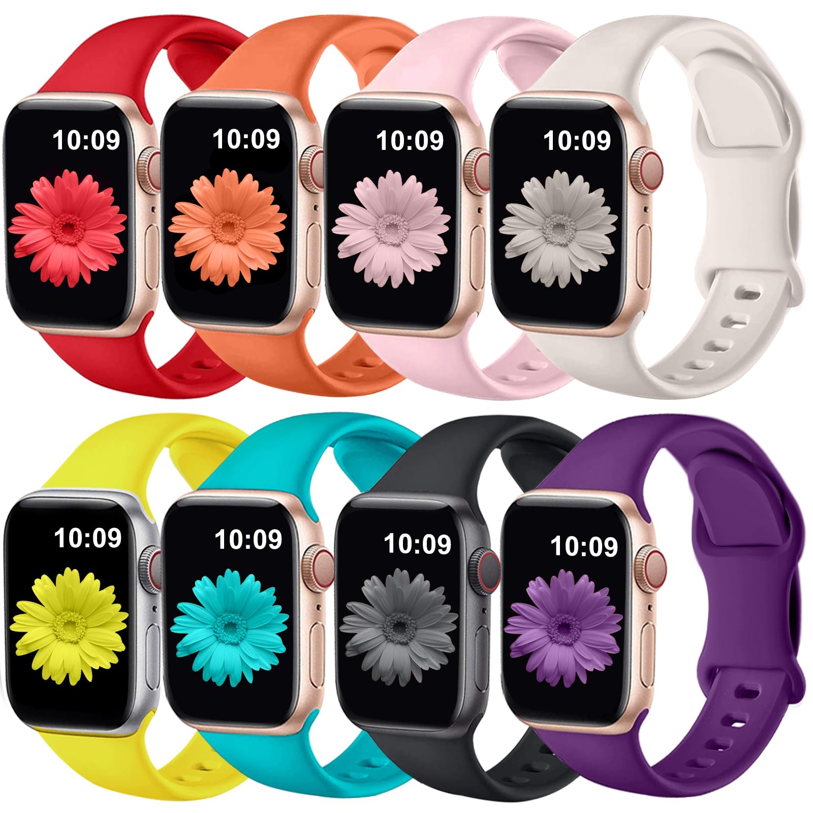 8 Pack Bands Compatible with Apple Watch Band 38mm 40mm 41mm 42mm 44mm 45mm 46mm 49mm for Women Men, Soft Silicone Sport Strap for iWatch Series Ultra