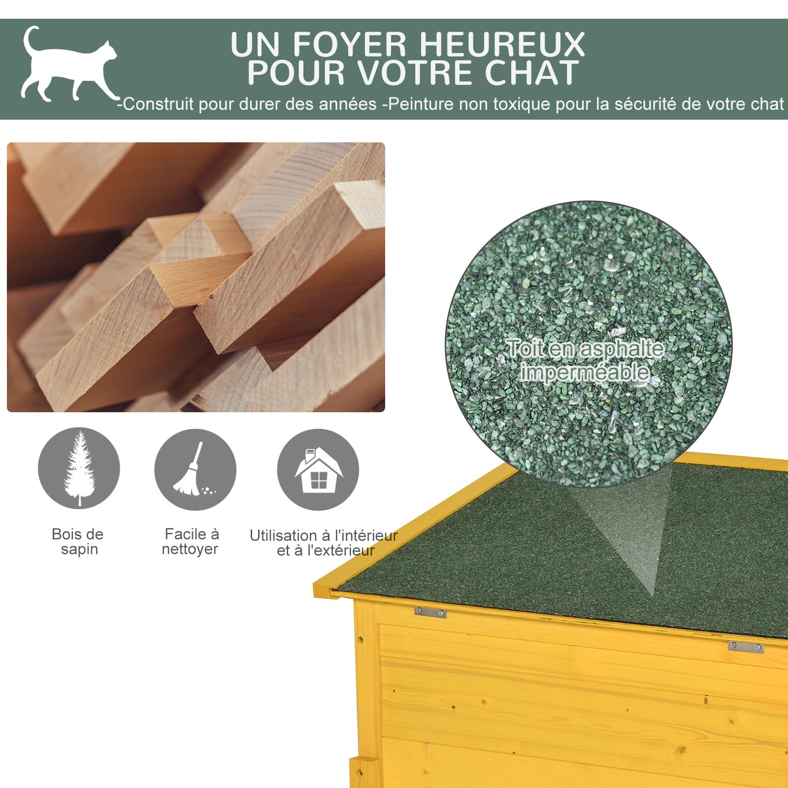 PawHut Maison pour Chat en Bois Toit Résistant à l'eau avec Porte Jaune
