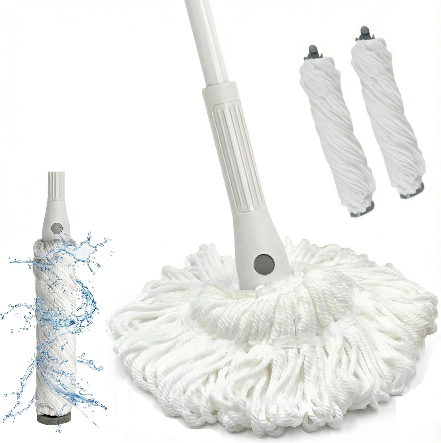 Self Wringing Mop for Floor Cleaning with 2 Reusable Heads, Easy Wringing Twist Mop with 55 Inches Long Handle and Top Scouring Pad, Wet and Dry Mops