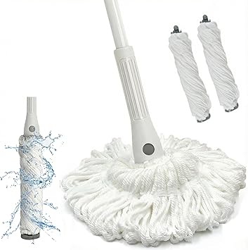 Self Wringing Mop for Floor Cleaning with 2 Reusable Heads, Easy Wringing Twist Mop with 55 Inches Long Handle and Top Scouring Pad, Wet and Dry Mops