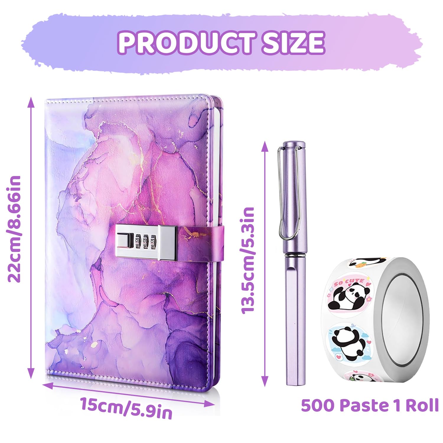 Diario con lucchetto per ragazze, Diario A5 con codice, Quaderni con lucchetto con penna e set di adesivi divertenti, Quaderni in pelle PU, Diari di marmo segreti per regalo di compleanno (22 x