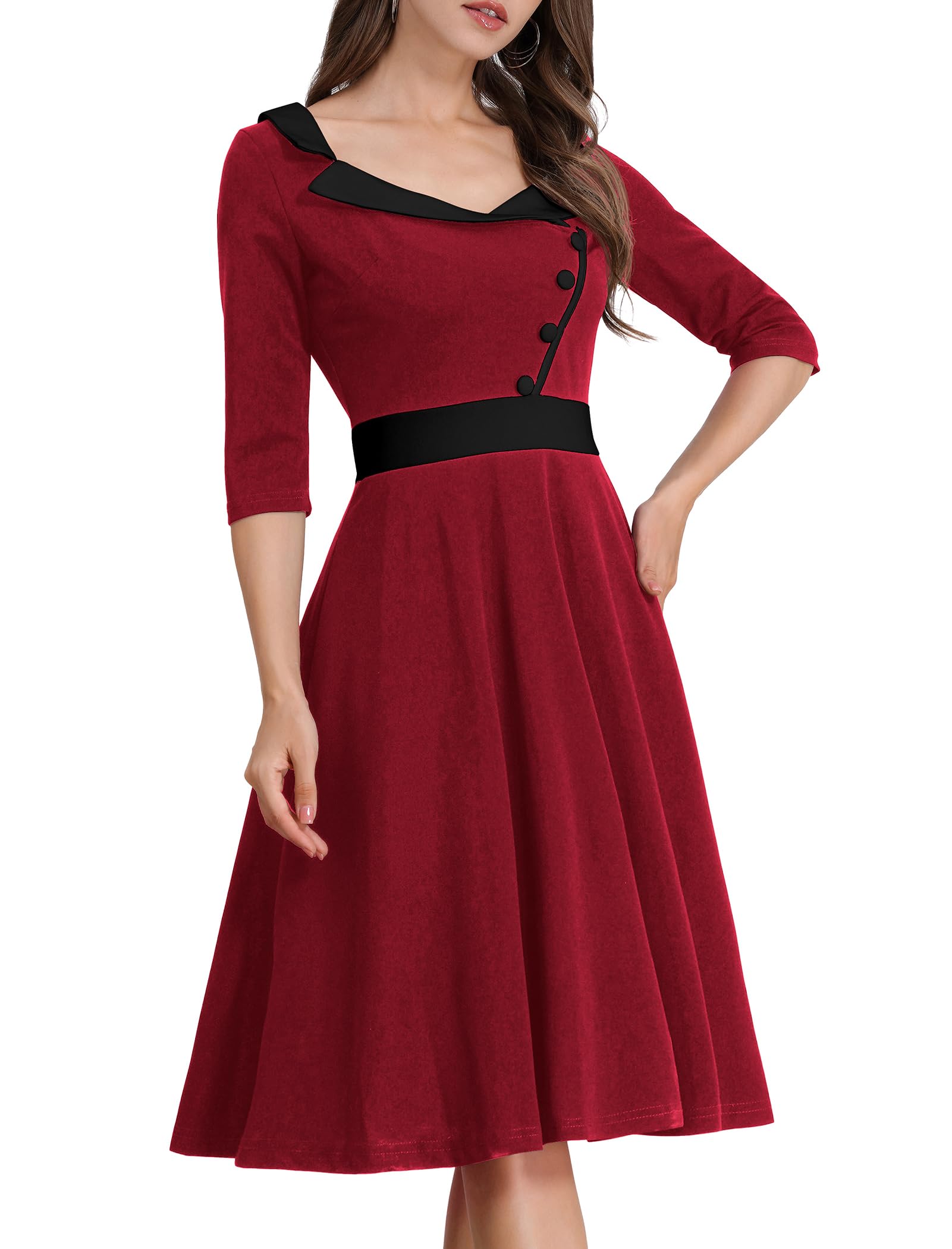 ODIZLI 1950s Dresses for Women Retro Dress 3/4 Sleeve Sweetheart Neckline Swing Midi Dress Cocktail Dress
