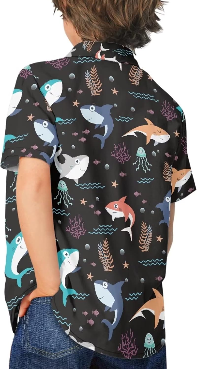 Cool Boys Hawaiian Shirt Lapel Short Sleeve Button Down Kids Hawaiian Shirt for Boys Tropical Beach Shirts