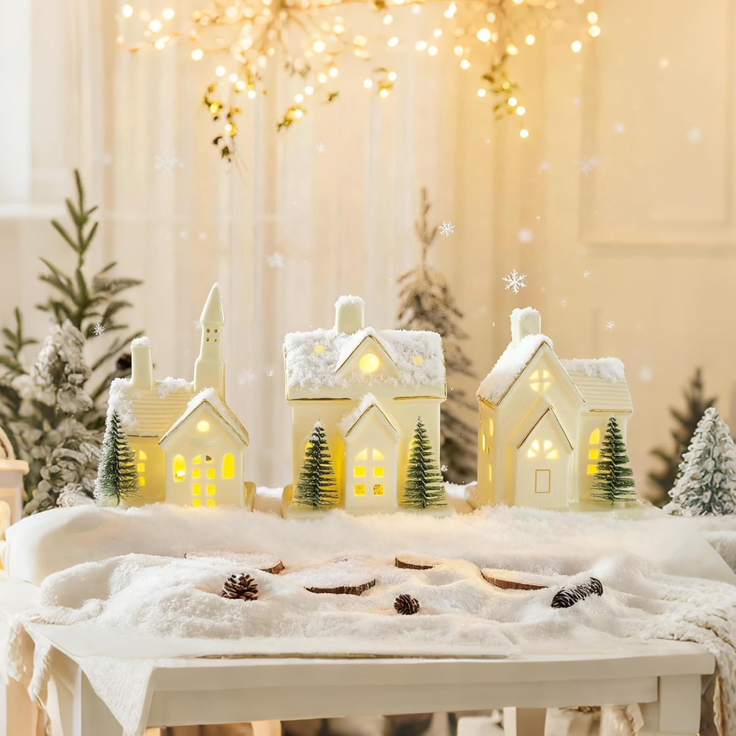 Timer: White Ceramic Christmas Village Houses, 3Pcs Light Up Christmas Village Sets with 4Pcs Trees, LED Lighted Tabletop House Figurines for Home Decor, Winter Holiday, Xmas Gift