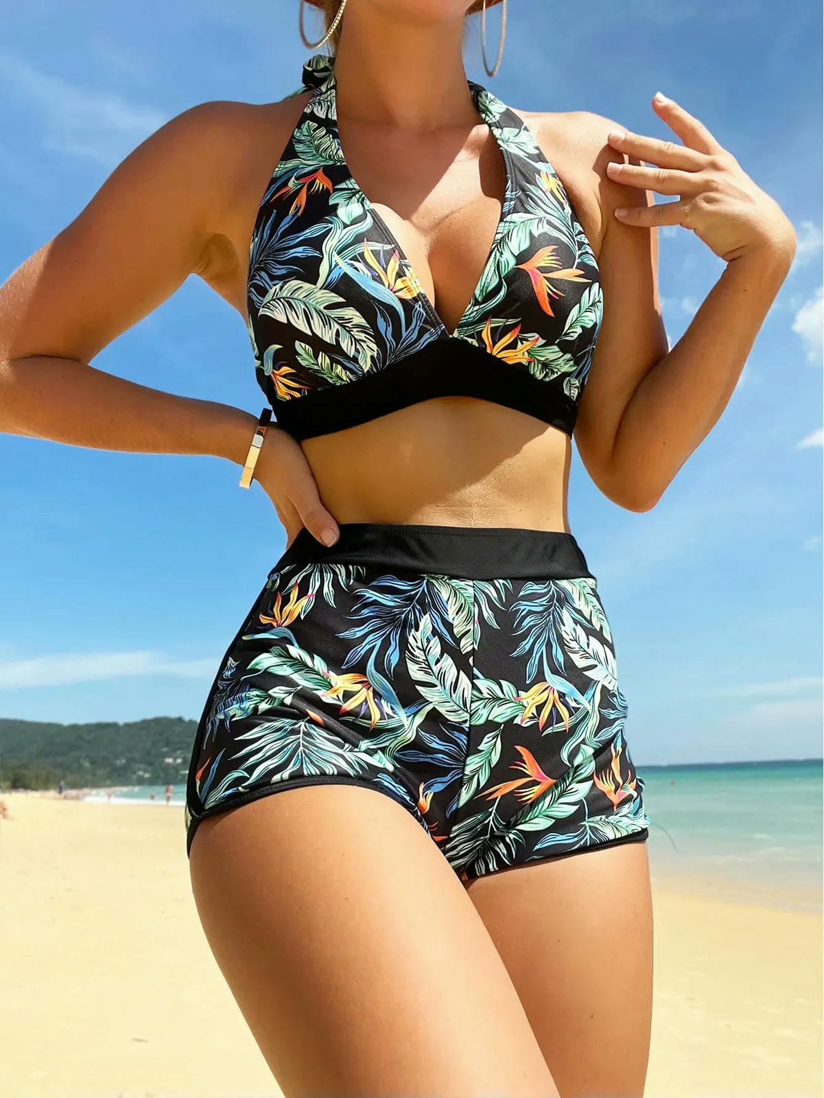 Strój kąpielowy Bikini Set Halter dla kobiet, krótki strój kąpielowy z nadrukiem z wysokim stanem, pochlebny basen na plaży-s