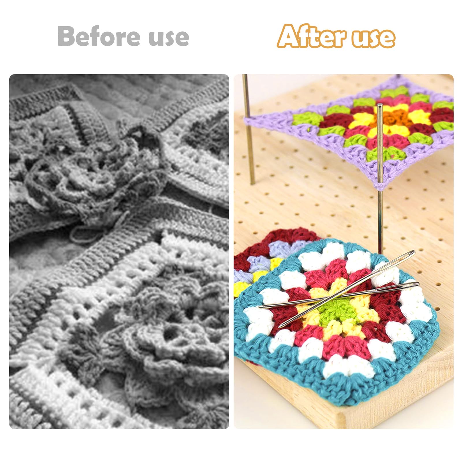 Deska blokująca do Granny Square, 19,5 x 19,5 cm, drewniana deska blokująca z 10 prętami ze stali nierdzewnej i 5 igłami, drewniana deska blokująca do szydełkowania do naciągania małych części do