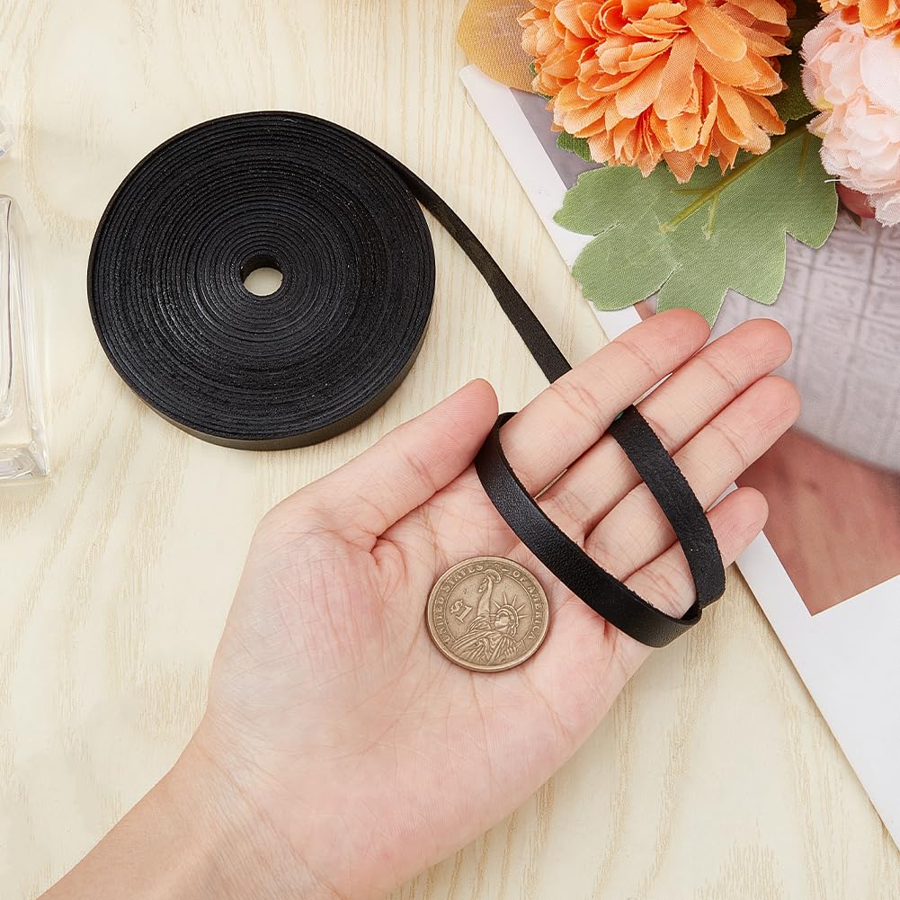 GORGECRAFT 5m Genuine Leather Strips 8mm Wide Flat Cord 1mm Thick Black Strap Cowhide String Braiding Thread Rope for Bracelets Necklace Jewelry Making Belts DIY Crafts Workshop - Image 3
