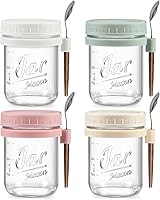 MakeLifeBetterEasier 4-Pack 16oz Glass Overnight Oats Jars with Airtight Lids & Spoons - Leakproof, Dishwasher Safe Mason Jars