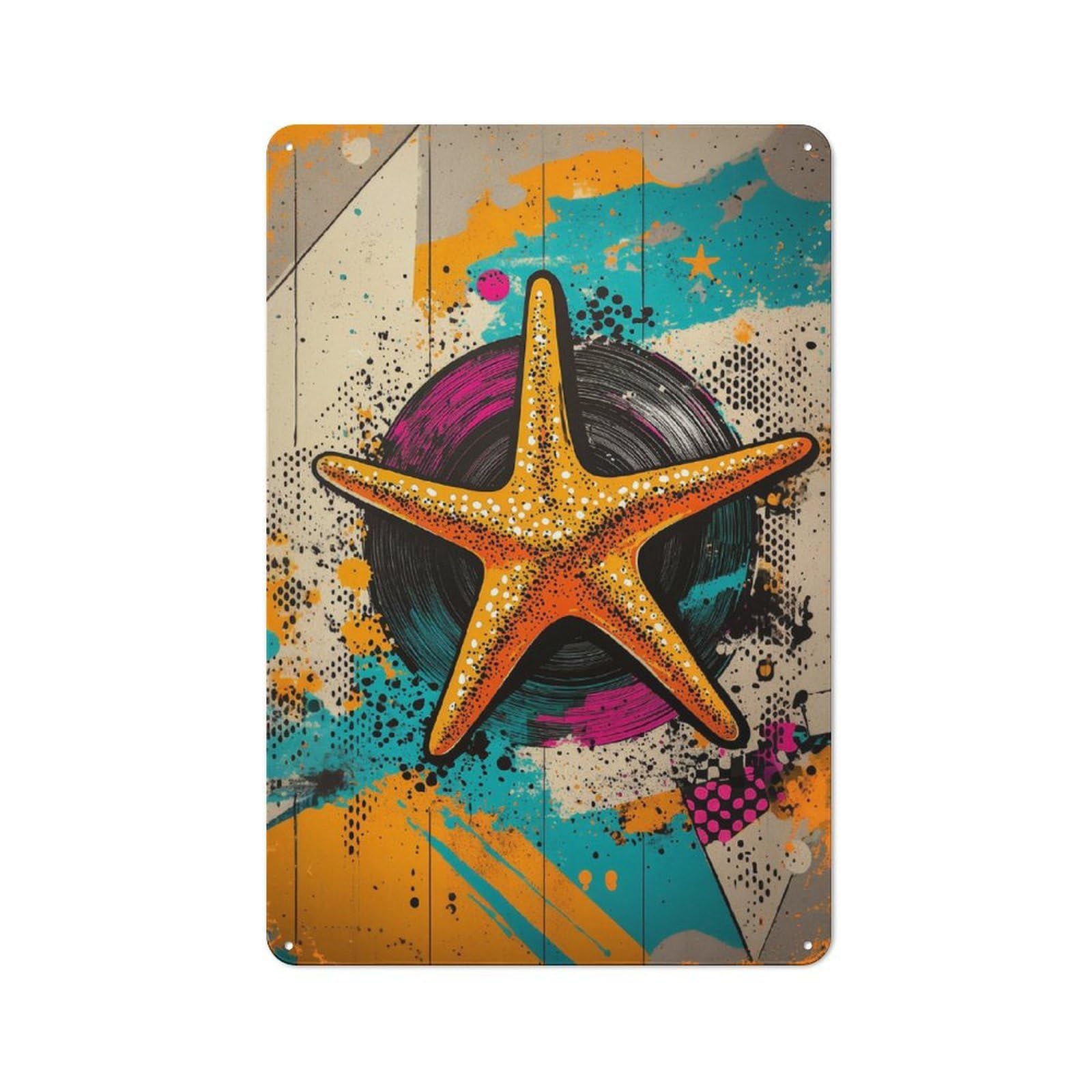 Junmoney Starfish Pop Art Coastal Pop Marine Tin Wall Plaque With Design 30X20cm, Country Vintage Cottage Wall Art For Kitchen, Cottage, Porch Or Garden Room