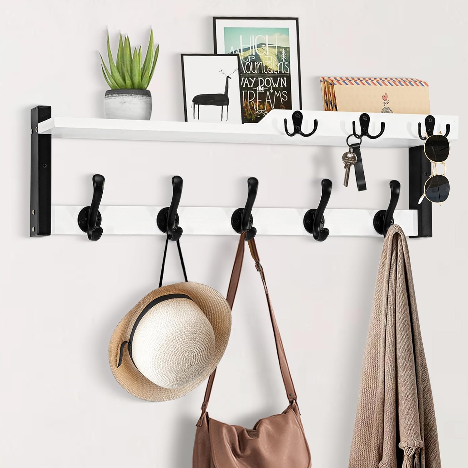 dreampossible 4 in 1 Coat Rack Wall Mount with Shelf, Coat Hooks 25.2" Entryway Coat Hanger with Key Hooks and Mail Holder, Wall Hooks with Shelf, Hat Rack for Wall Key Holder Mail Organizer