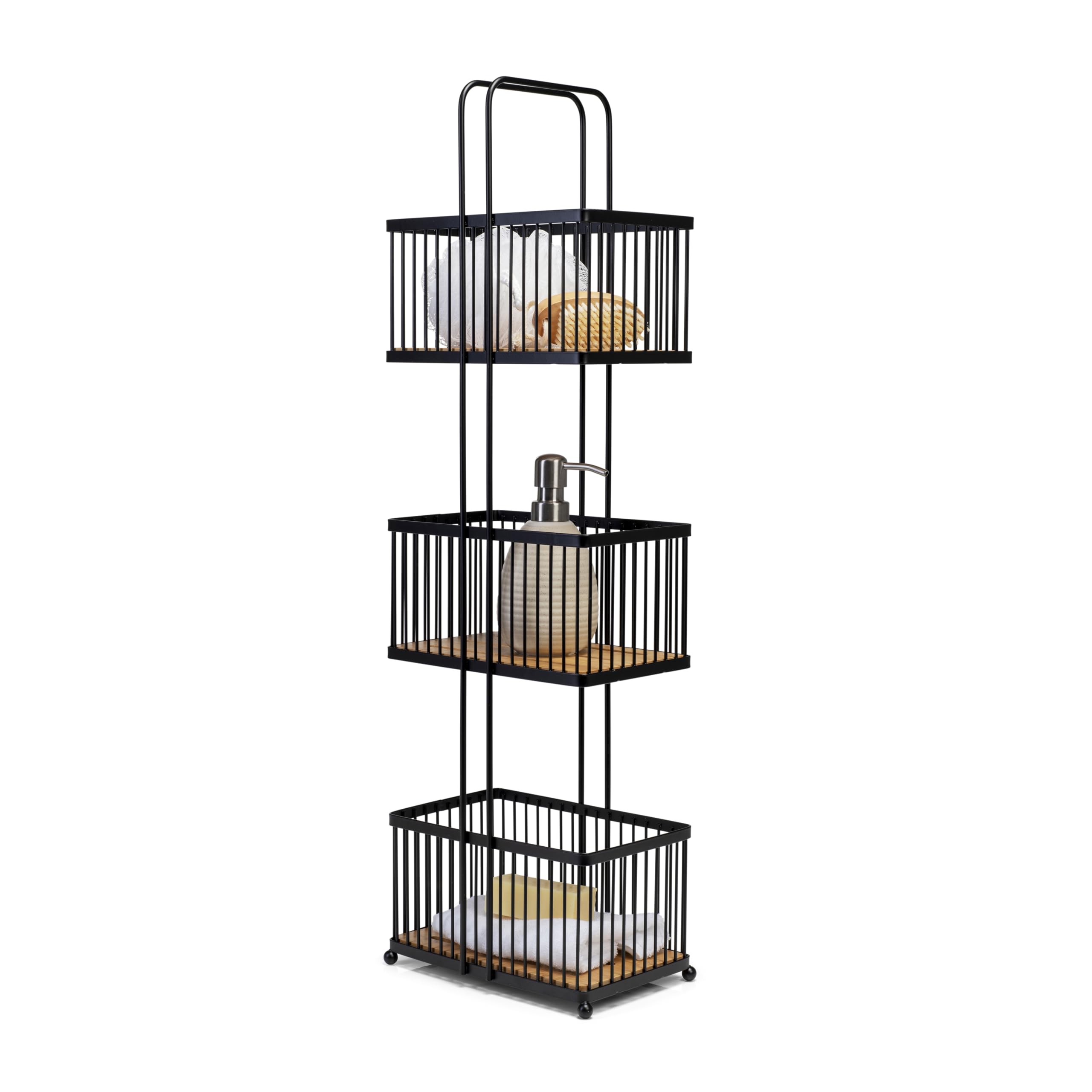 Croydex Black Three Tier Storage Caddy - & Bamboo, Freestanding Bathroom Storage Shelves, Deep Baskets, 22D X 15W X 726H Cm, Stylish Bathroom Accessories Solution