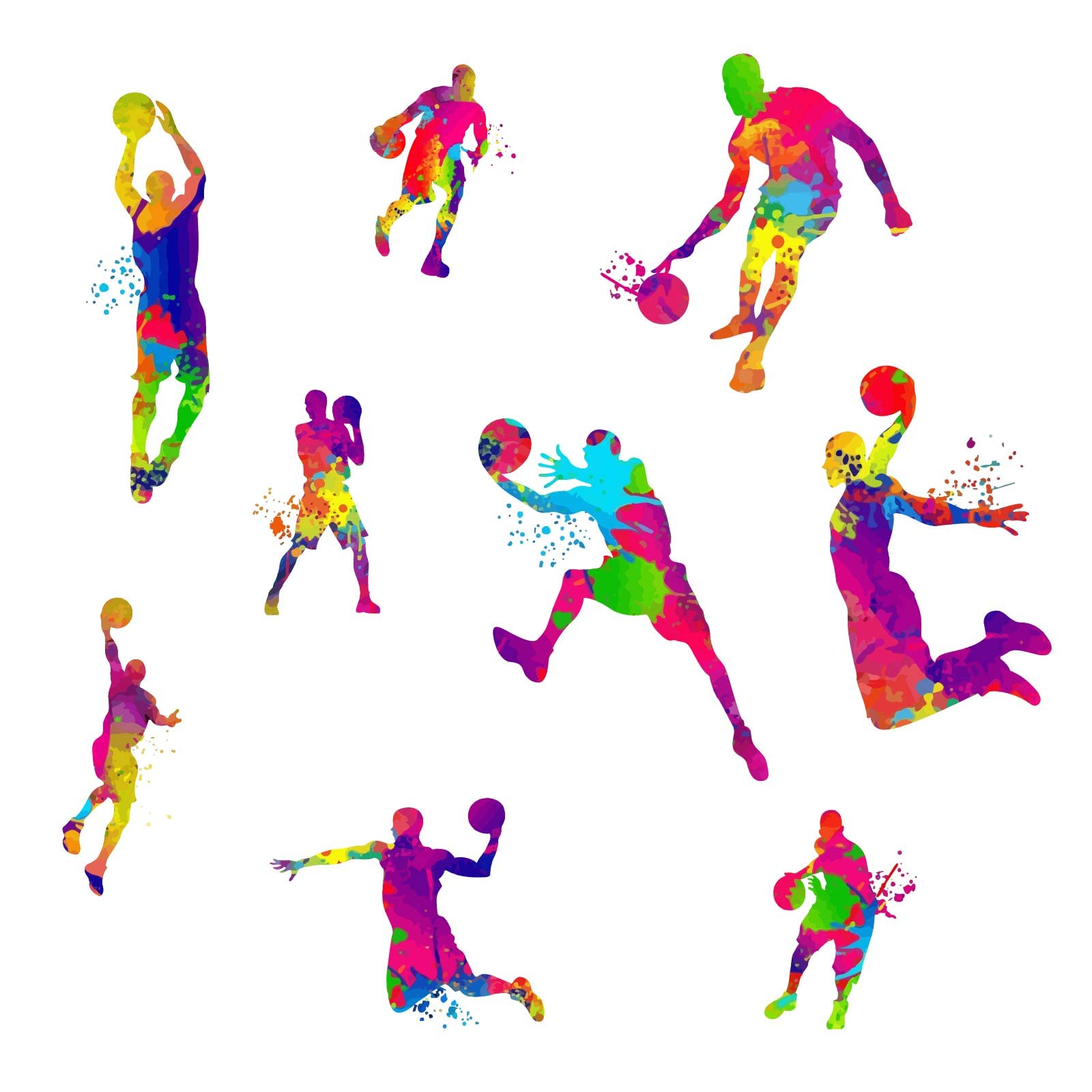 Stickers muraux basket aquarelle lot de 9 silhouettes joueurs cadeau chambre garçon