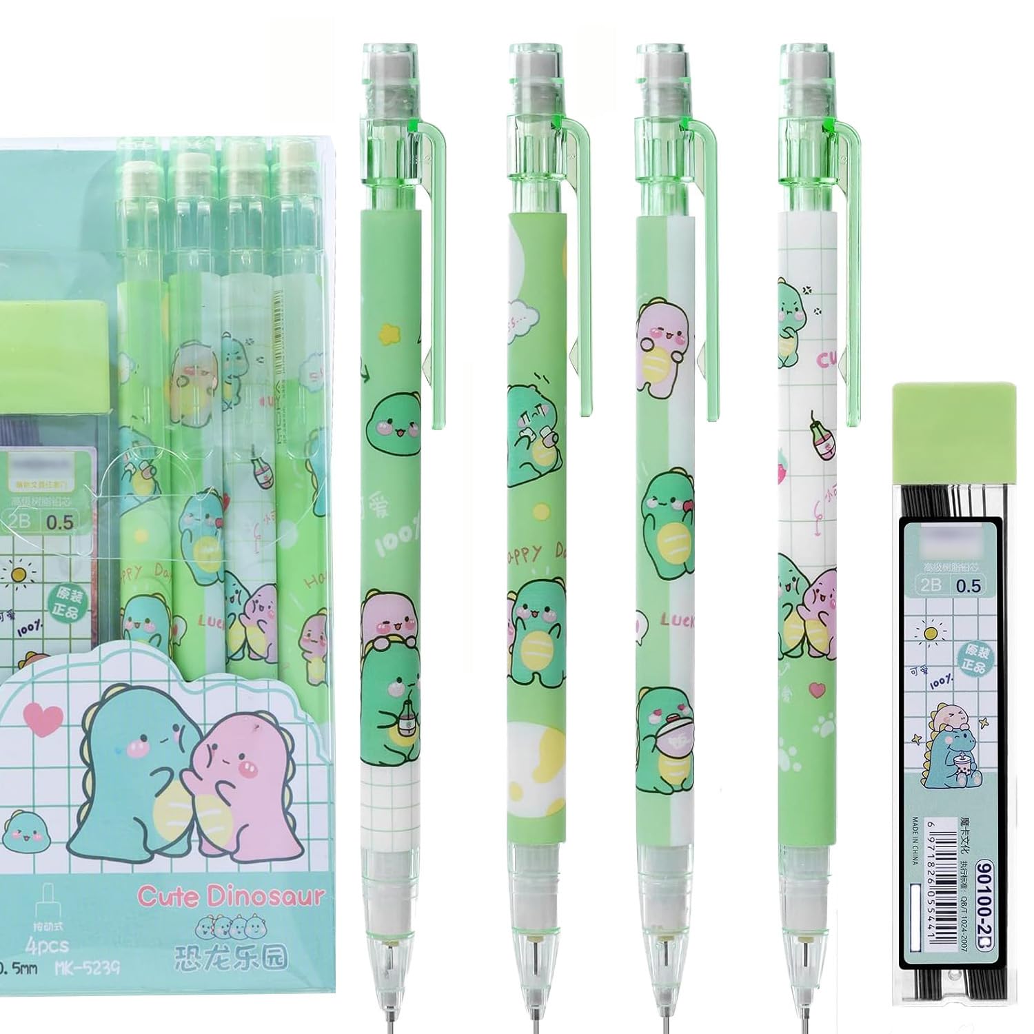 SHIDESHIN 4PCS Cute Cartoon Dinosaur Mechanical Pencils Set with Tubes 0.5 mm Pencil Refills Back to School Gift for Teens Student (Green)