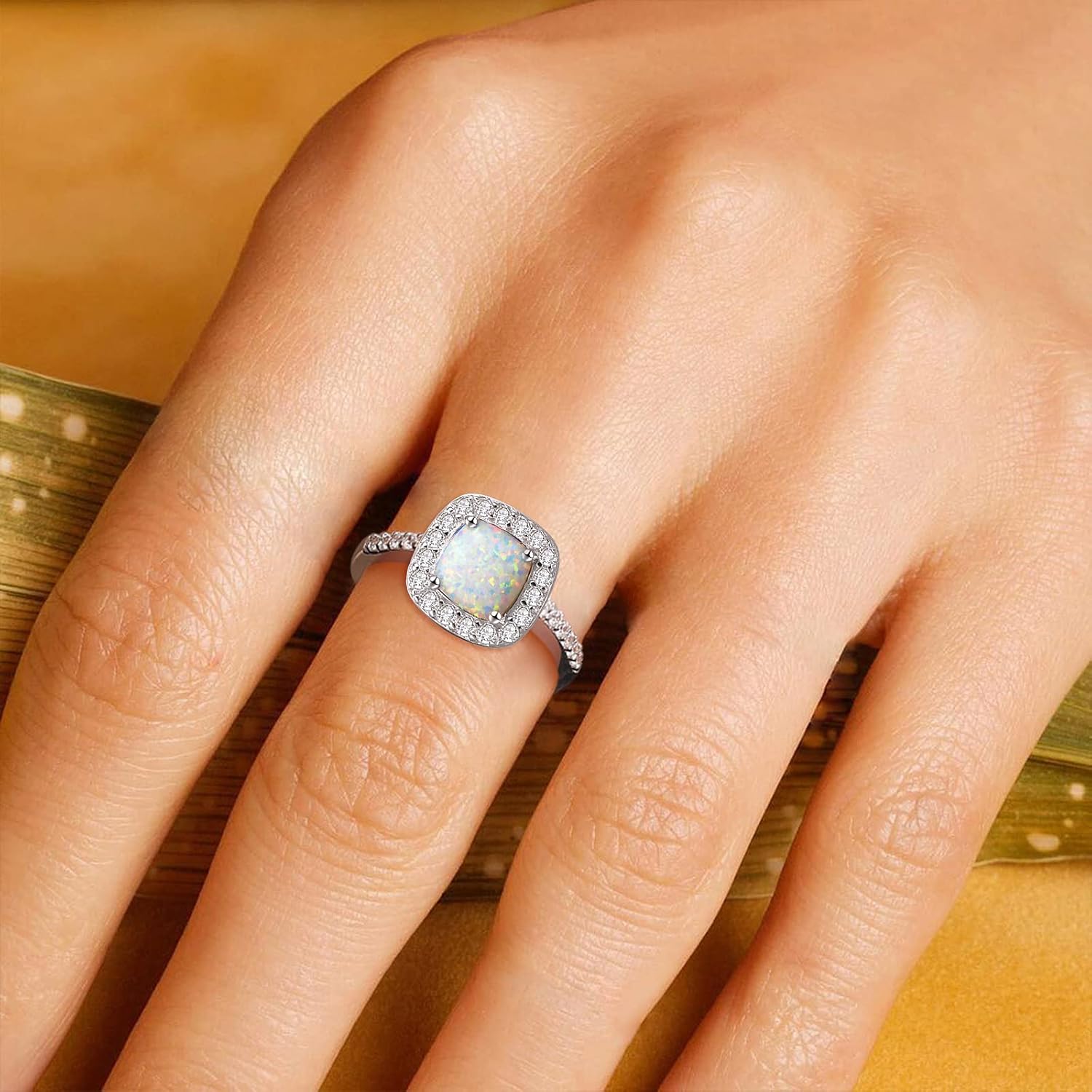 Carleen Created Opal Ring 925 Sterling Silver October Birthstone Cubic Zirconia CZ Halo Engagement Wedding Ring Fine Jewelry Gift for Women, All Size - Image 4