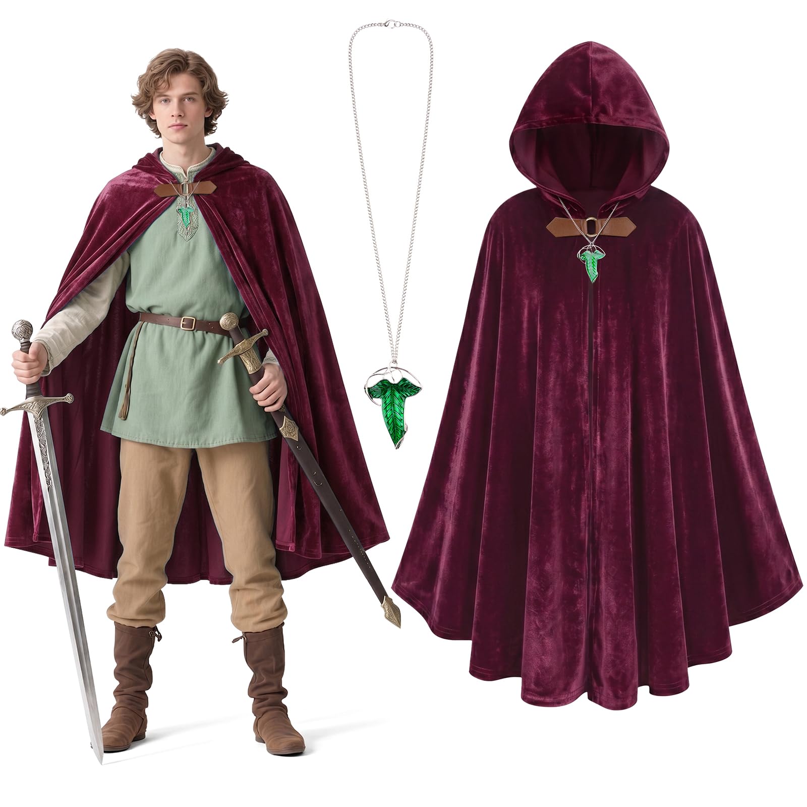 BSBUY Medieval Costume Cloak with Hood Men Renaissance Hooded Coat Vintage Gothic Witch Wizard Robe Hooded Cape with Green Leaf Brooch Necklace for Halloween World Book Day Costume(Burgundy)