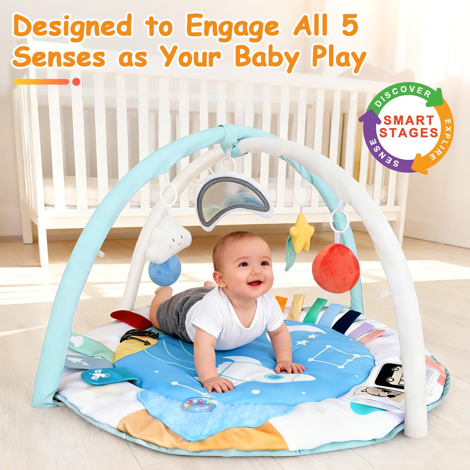 LabTEC Tapis d'éveil pour bébé, tapis d'activités, avec 5 zones de développement et 5 jouets sensoriels amovibles pour stimuler la motricité et le développement sensoriel (bébés de 0 à 18 mois)
