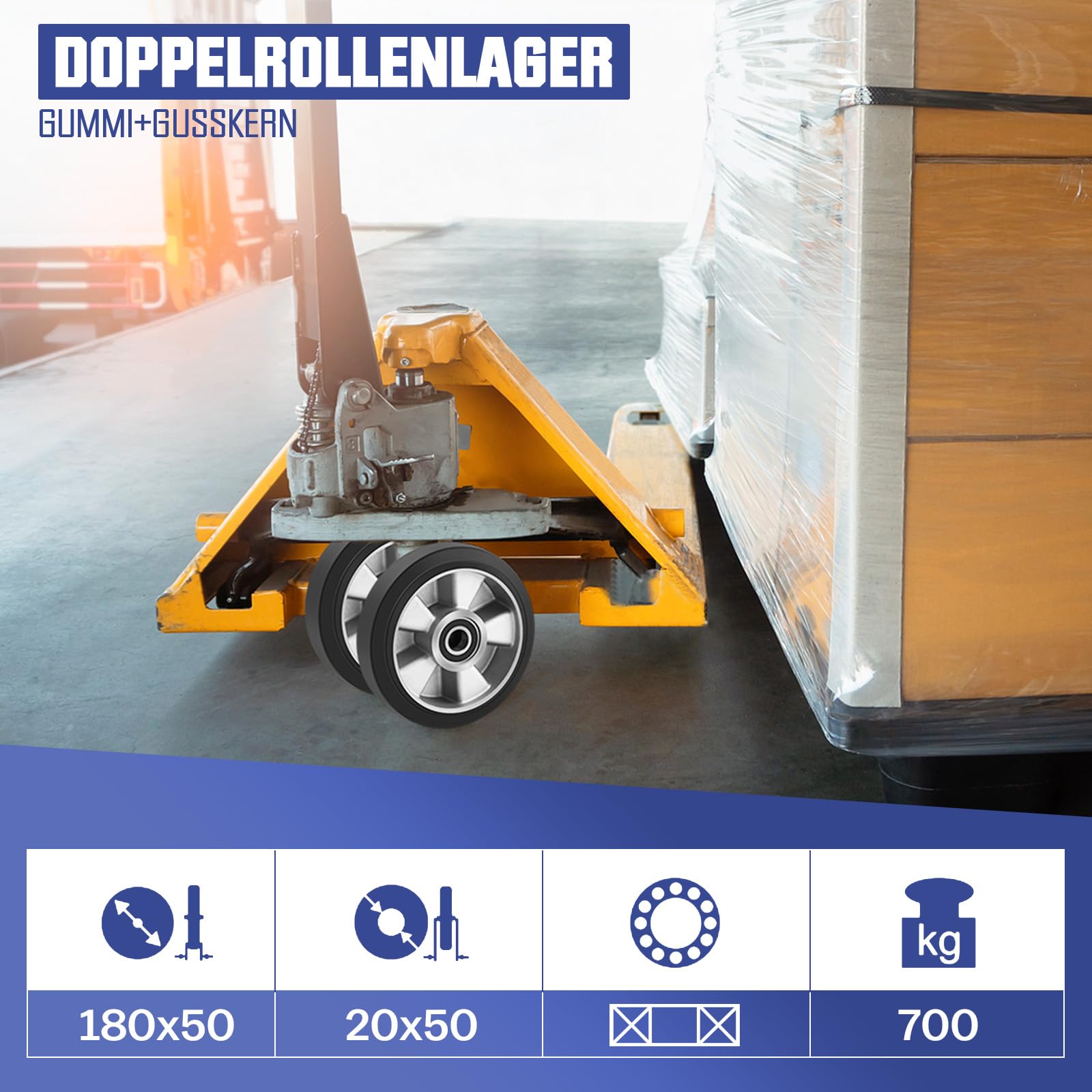 2 roues en caoutchouc pour chariot élévateur de 180x50 mm, axe de 20 mm avec roulement à billes, rouleaux pour chariot élévateur, capacité de charge max. 1400 KG