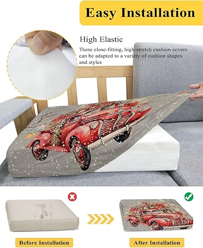 Miniatura 5 de Fundas de cojín para sofá de camión rojo de Navidad, lavables, bolas de Navidad, rama de árbol, floral, extraíble, elásticas, fundas para sofá