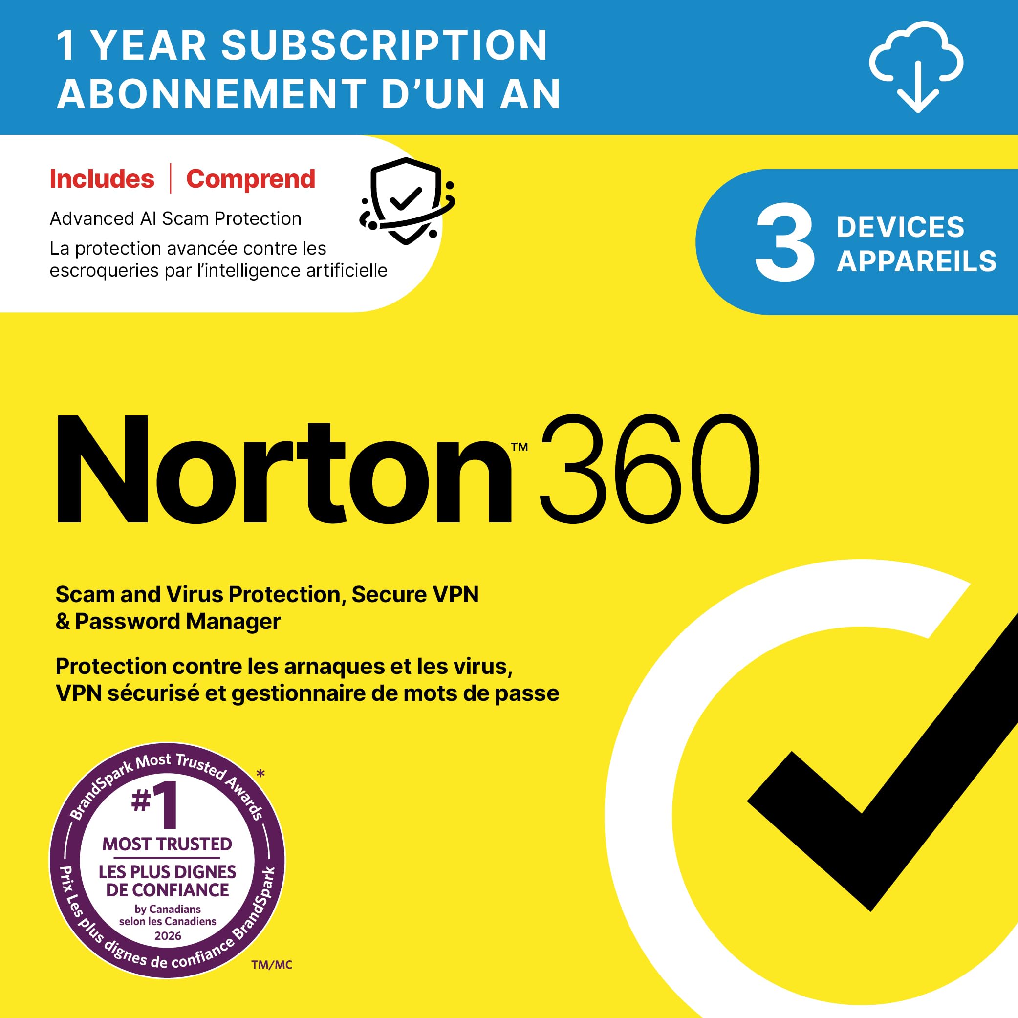 Norton 360 2026  Antivirus software for 3 Devices – Includes Advanced AI Scam Protection  VPN and PC Cloud Backup [Download]