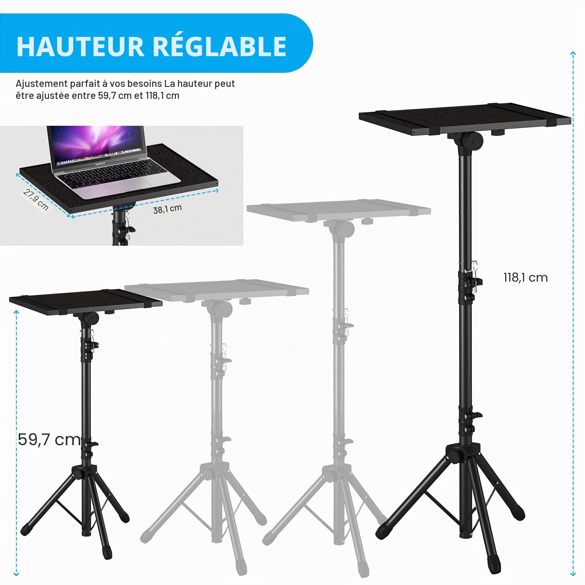 Trépied pour projecteur de 59,7 cm à 118,1 cm, trépied pour ordinateur portable réglable en hauteur avec support de téléphone en col de cygne, support de sol pour ordinateur portable pour