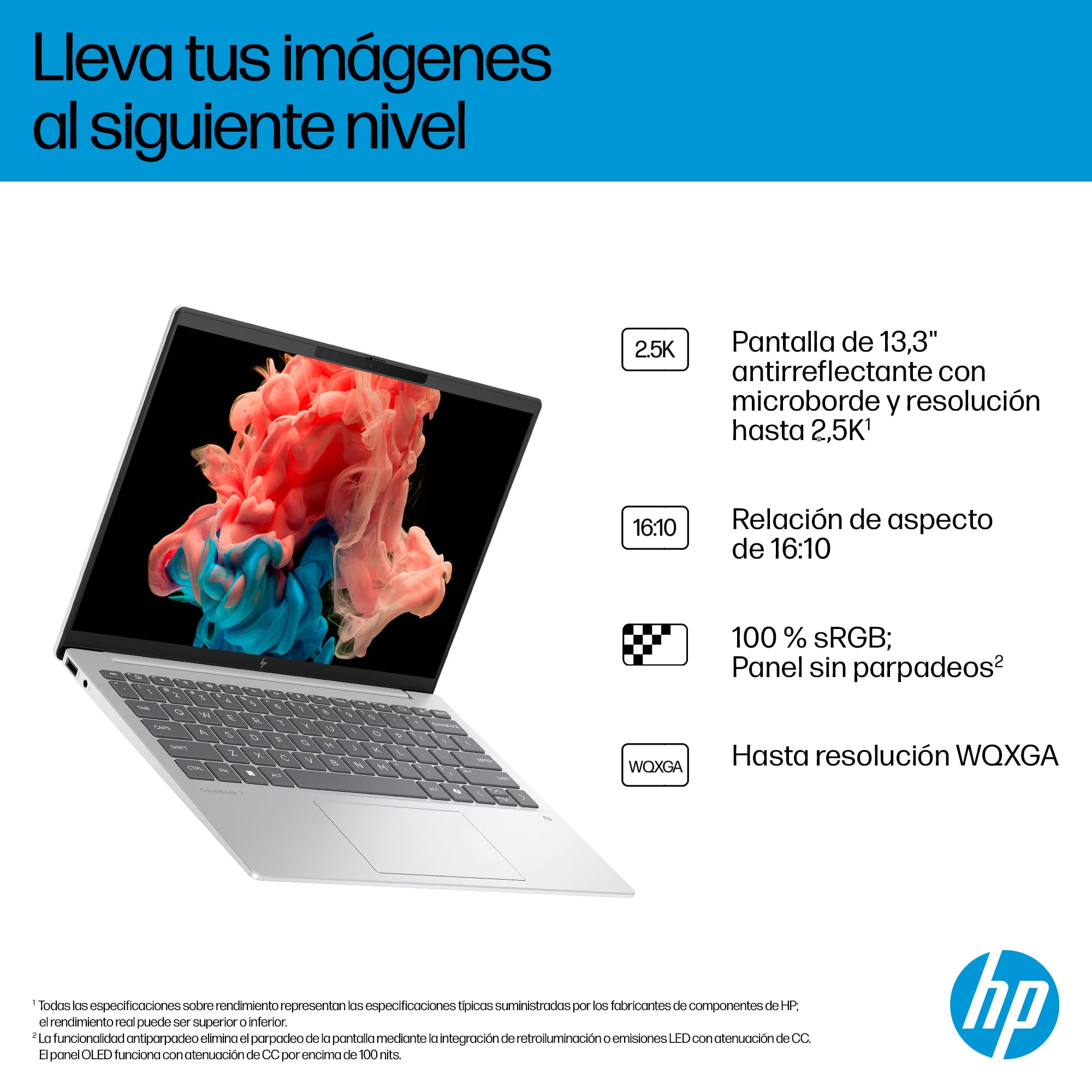 HP OmniBook 7 Aero Ordenador Portátil 13.3" 2K Ryzen AI 7 350, 32GB, 1TB | Ultraligero <1 kg, IA 50 TOPS, AMD Radeon 860M, batería de larga duración, WiFi 6, Windows 11, Teclado Qwerty Español, Gris
