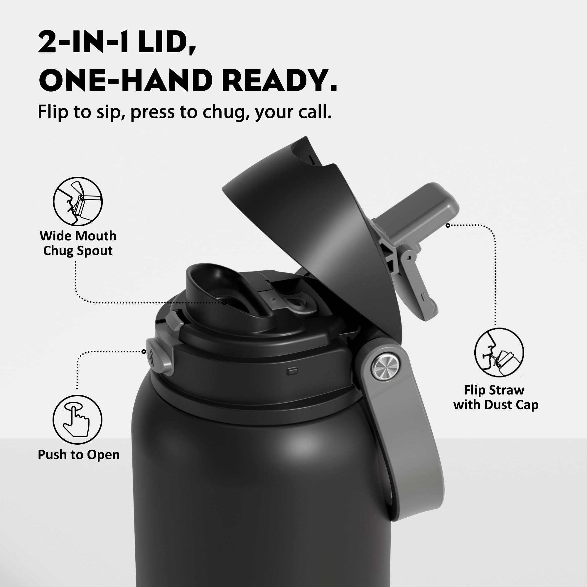 POWCAN Borraccia termica da uomo da 1180 ml: beccuccio a pulsante e cannuccia a chiusura rapida, a prova di perdite, fredda per 24 ore, grande bottiglia d'acqua in acciaio inox, per sport, campeggio