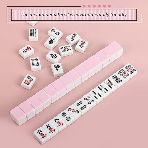 Miniatura 4 de TWBTC Juego chino pequeño de mahjong rosa, 144 + 8 azulejos de melamina de 1.2 pulgadas (1.181 in) con bolso de viaje portátil, juego completo de