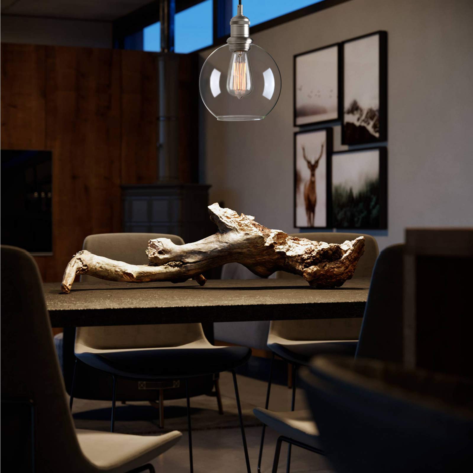 Yosoan Rundkugel-Klar Glas Industrie Loft-Pendelleuchte Pendelleuchten Badezimmerleuchte, Badezimmerlampe, Innenleuchte, spritzwassergeschützt (Gebürsteter Edelstahl Farbe)