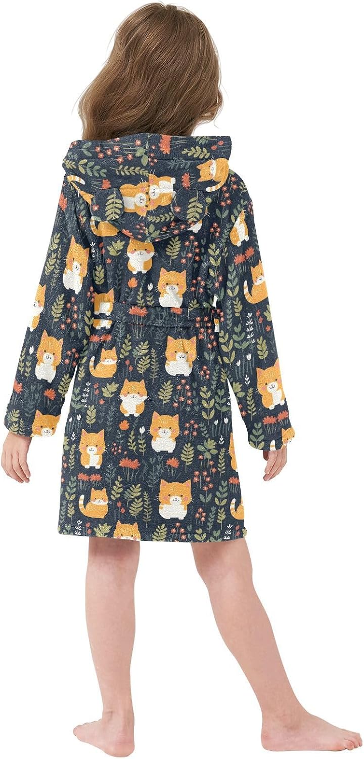 senya Cute Cats with Leaves Toddler Hooded Bathrobe Kids Soft Plush Bath Towel Robes for Boys Girls 2-12 Years