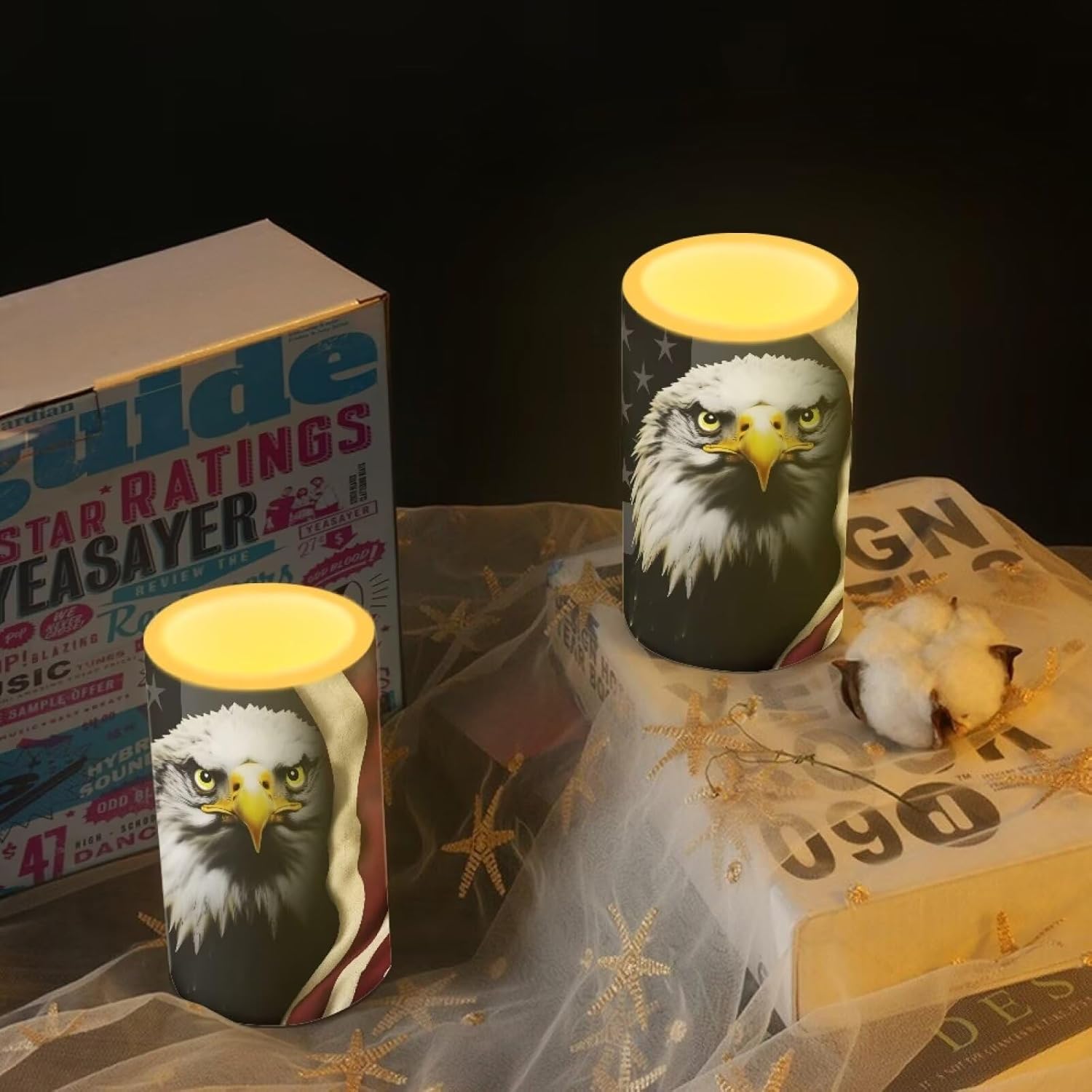 USA Flag Flameless Candles 2 Pack 6 x 3 inch Eagle Flag Print Battery Operated Candles with Multicolor Timer Remote Control LED Fake Candles for Warm Light Dinner Table Home Patriotic Decor