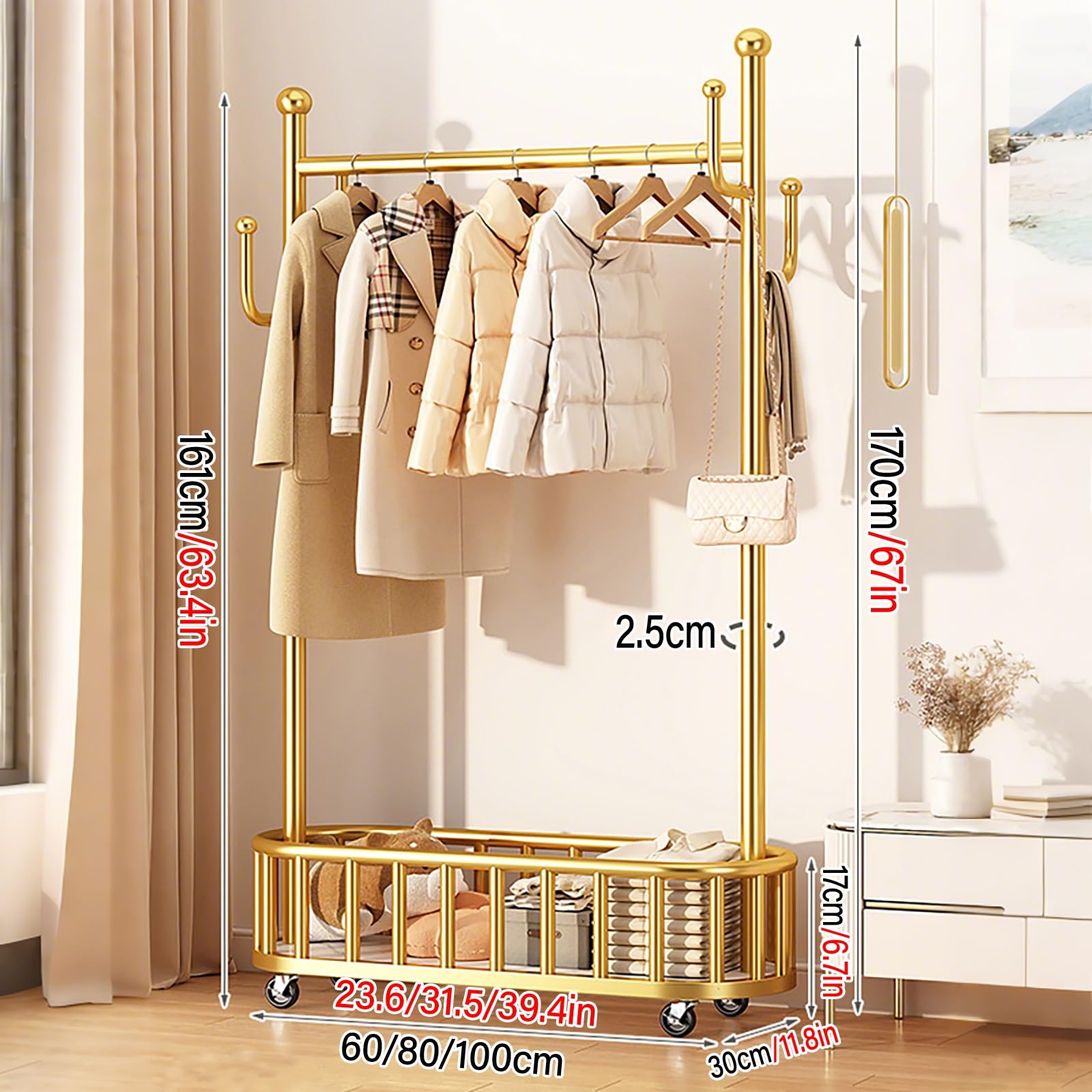 Sto - Perchero de metal con ruedas, armario versátil para dormitorio, sala de estar, entrada (negro, 60 cm / 23.6in)