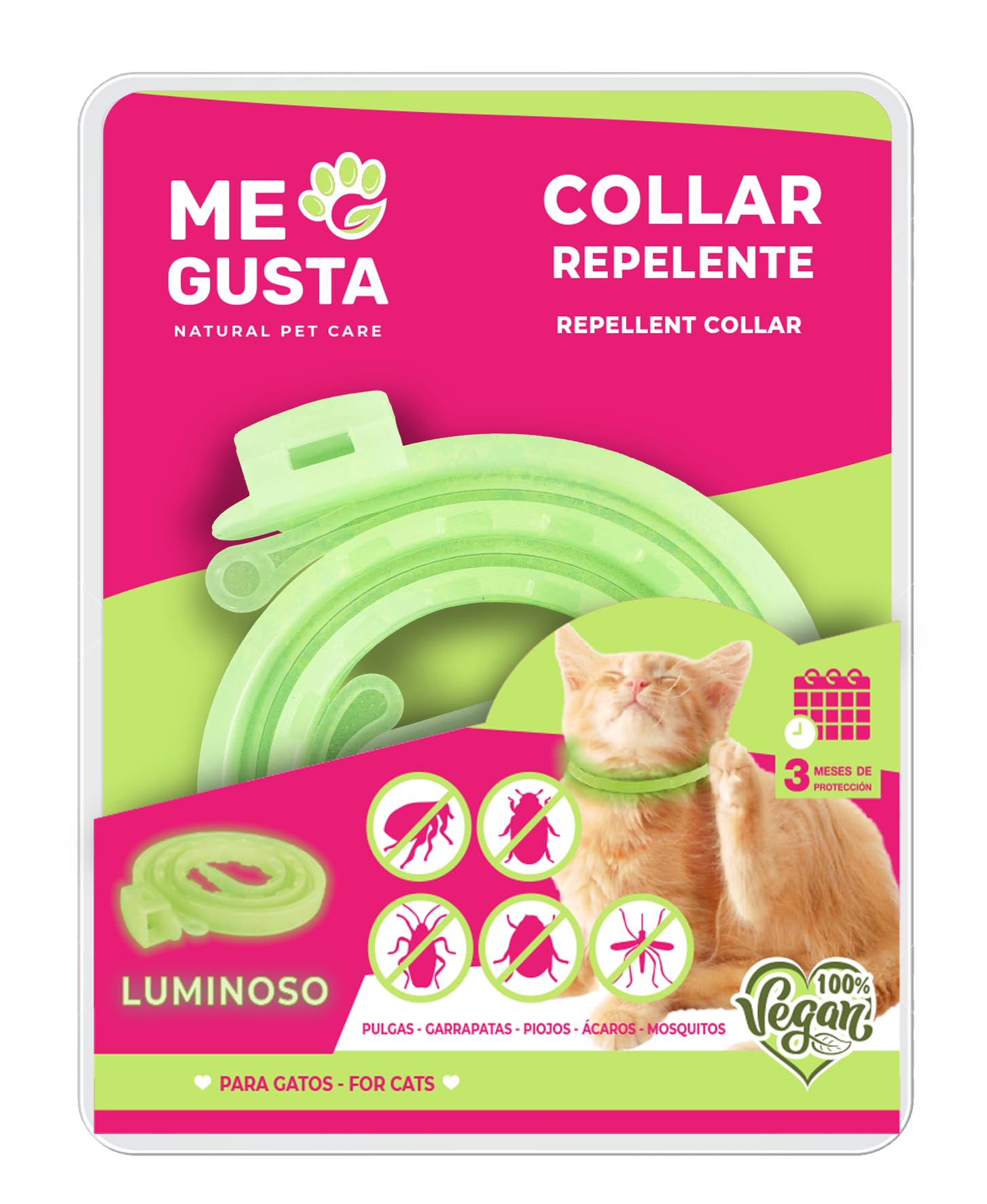 ME Gusta Collar Luminiscente Repelente para Gatos con Geraniol | Repele Todo Tipo de Insectos | Fragancia Cítrica | 30 cm