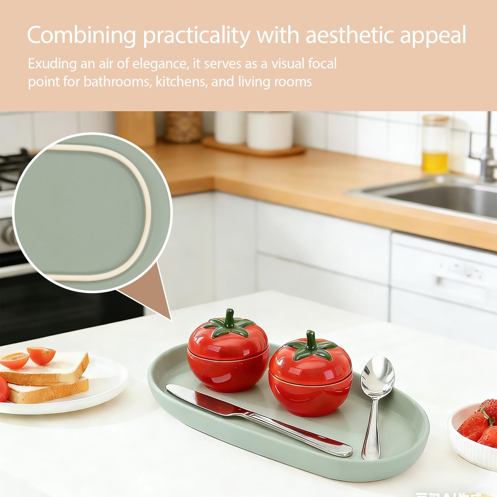 2 vassoi decorativi in ceramica, per bagno, cucina, sala da pranzo (verde)