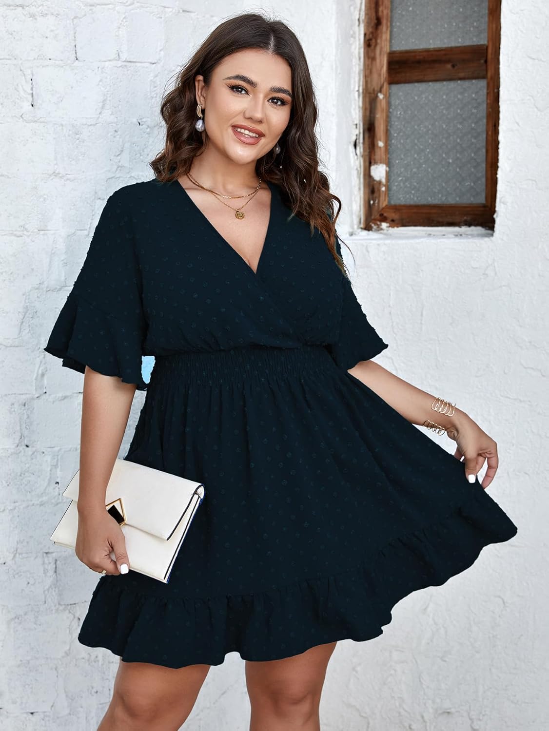 SCOMCHIC Plus Size Casual Summer Dress for Women Swiss Dot Wrap V Neck Ruffle Sleeve Smock Boho Mini Dress - Image 4