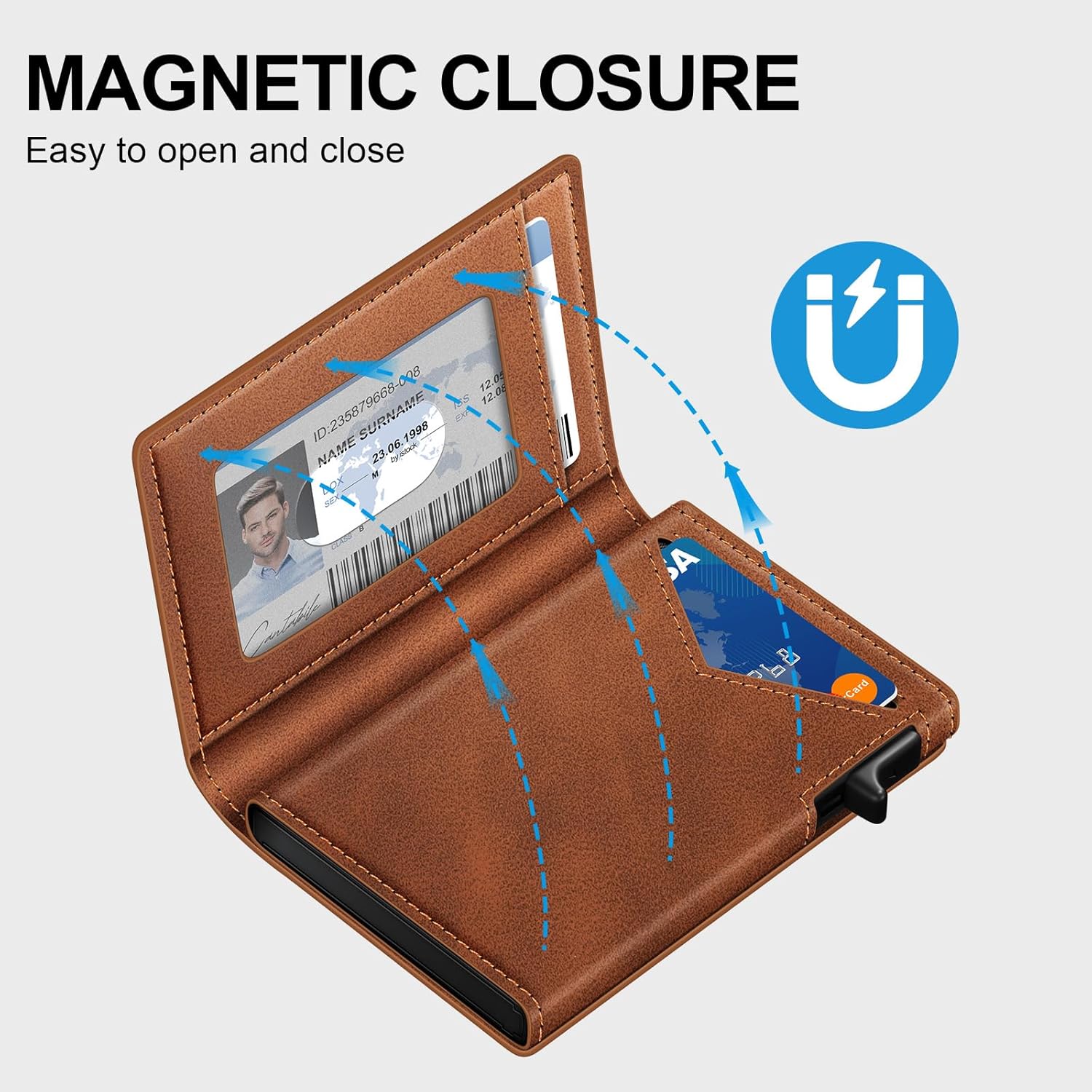 Wallet for Men, RFID Wallet with Money Clip & ID Window, Minimalist Pop Up Credit Card Case Holder 10-12 Cards, Bifold Slim Smart Wallet for Front Pocket, Compact Metal Wallets, Gifts for Men, Brown - Image 4