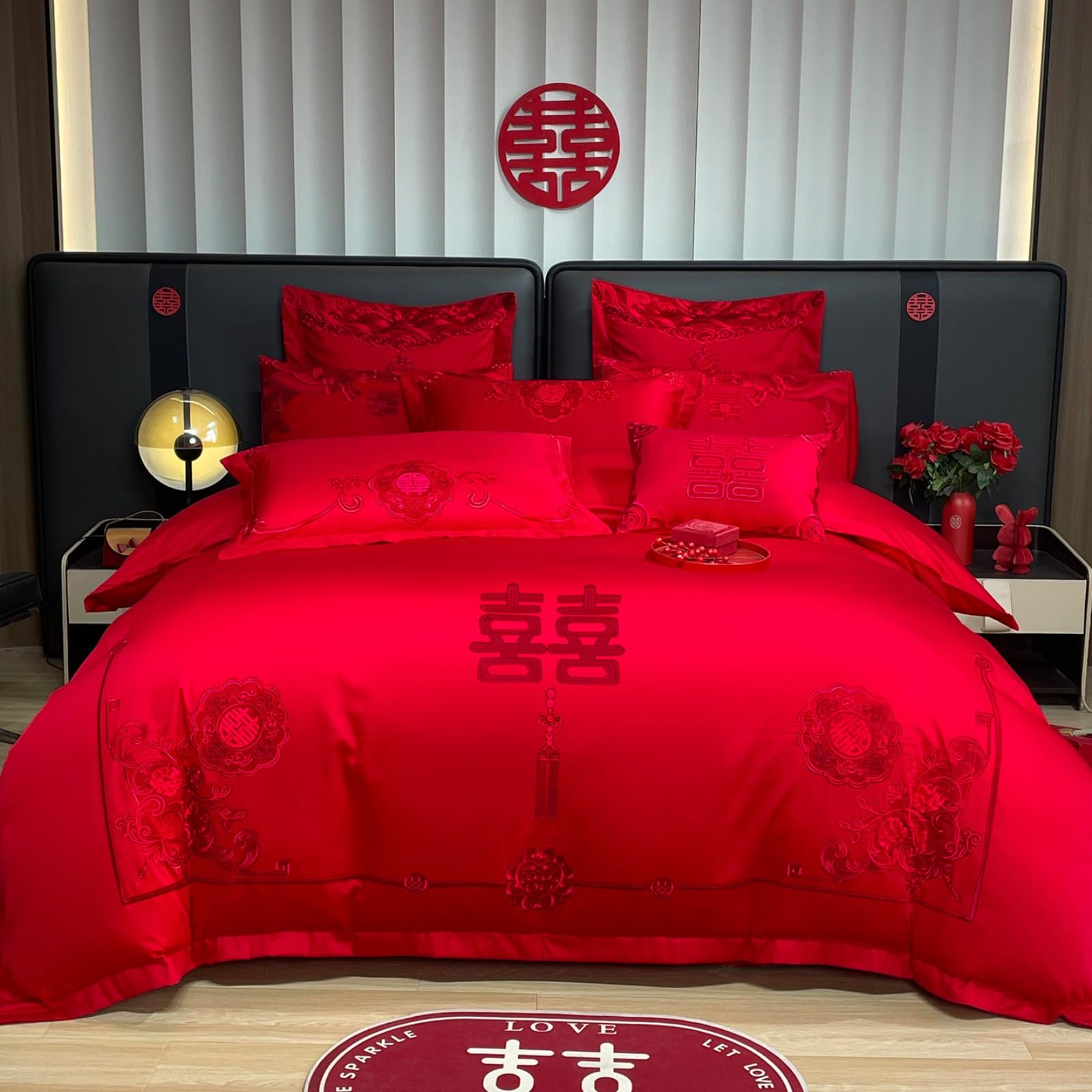 Parure de lit grand lit rouge KIRYU : ambiance mariage et confort microfibre