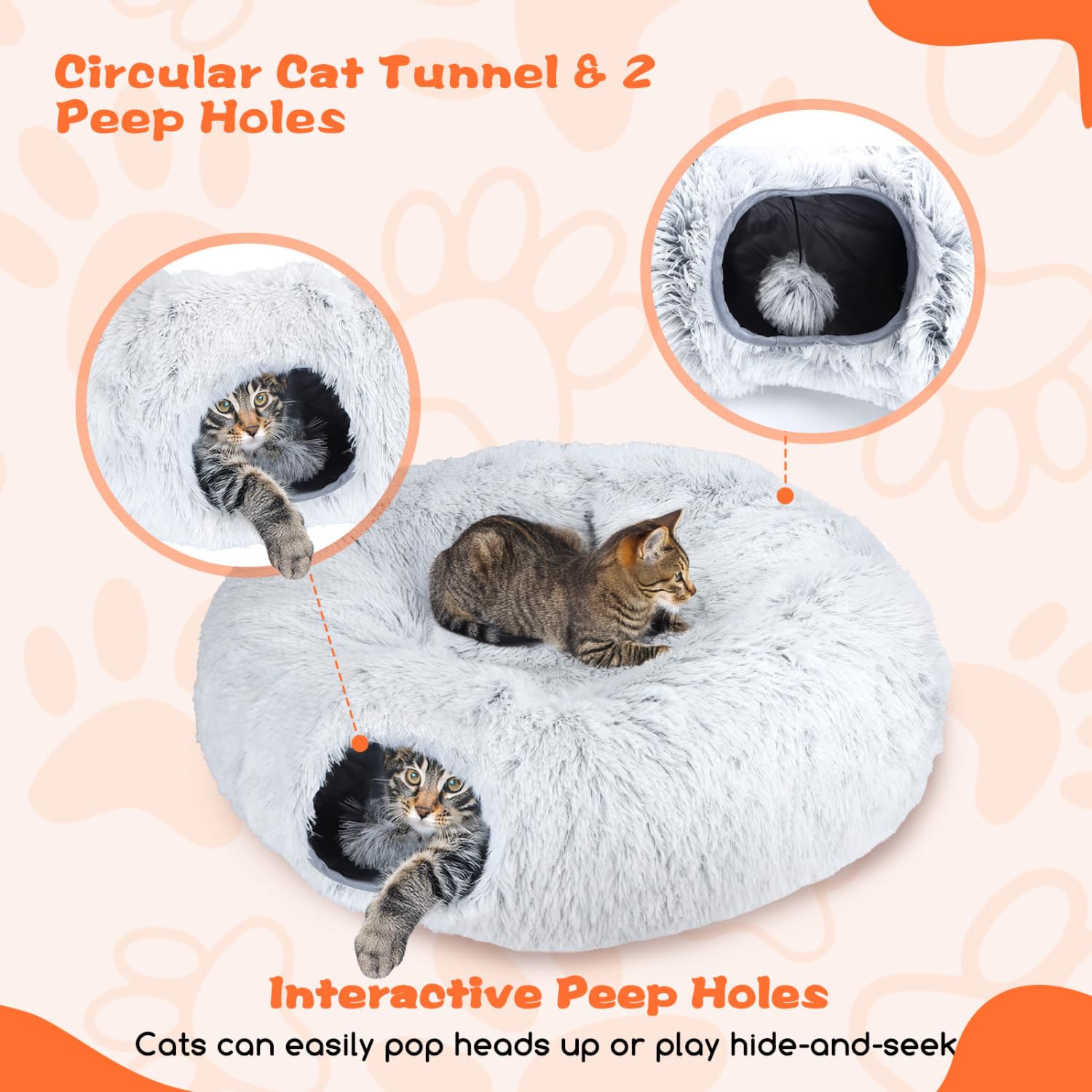 Nobleza Túnel para Gato de Peluche, 2 en 1 Cama Tunel para Gatos con Cojín Extraíble, Tunel Plegable para Mascotas con 2 Agujeros y Bolas Juguetes para Gatos Gatito Conejo Hurones