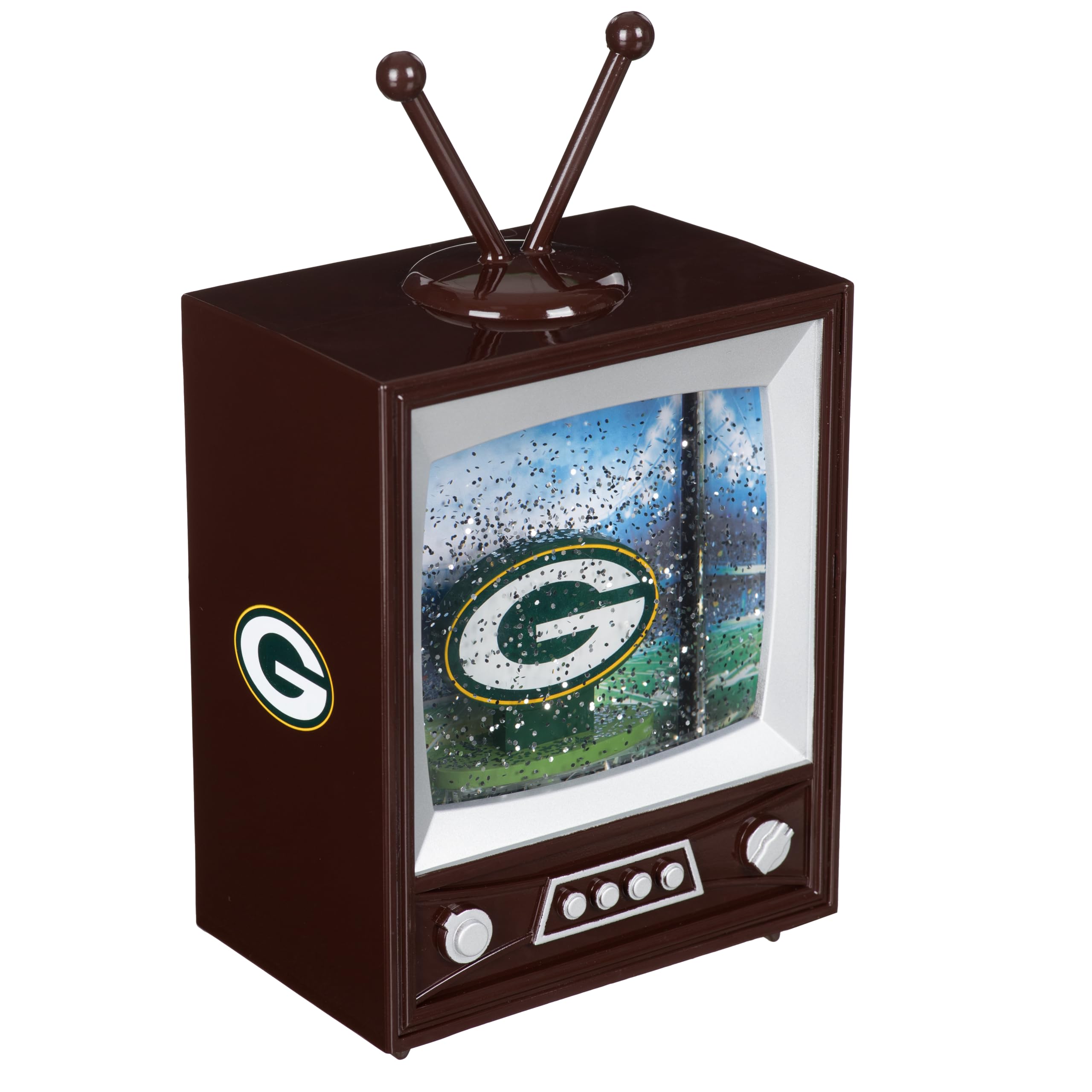 NFL Green Bay Packers Snow Globe Lantern, Vintage TV Water Globe with Lights &amp; Swirling Glitter, Battery Operated Christmas Football Tabletop Decoration, Memorabilia Gift for Men &amp; Women Fans