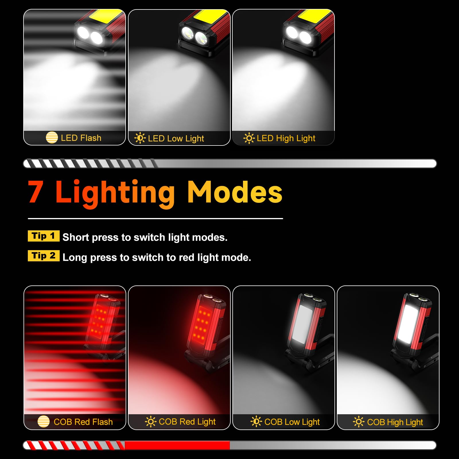 Daphomeu Lampa warsztatowa LED, 2 sztuki, ultra jasna lampa robocza COB i latarka LED, czerwone światło awaryjne z obrotową podstawą magnetyczną, możliwość ponownego ładowania, lampa inspekcyjna do