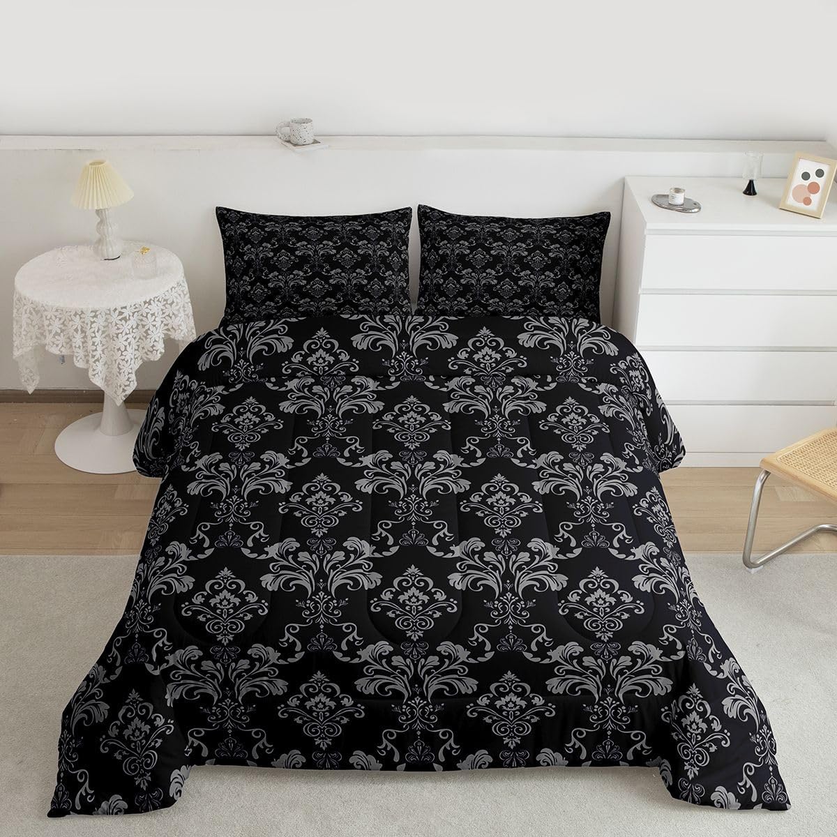 Feelyou Black Damask Bedding Set Soft for Boys Girls, Classic Gothic-Inspired Pattern Comforter Set Queen Black & Gray Baroque Design Duvet Quilt Elegant Floral Room Decor 3 Pcs with 2 Pillow Cases